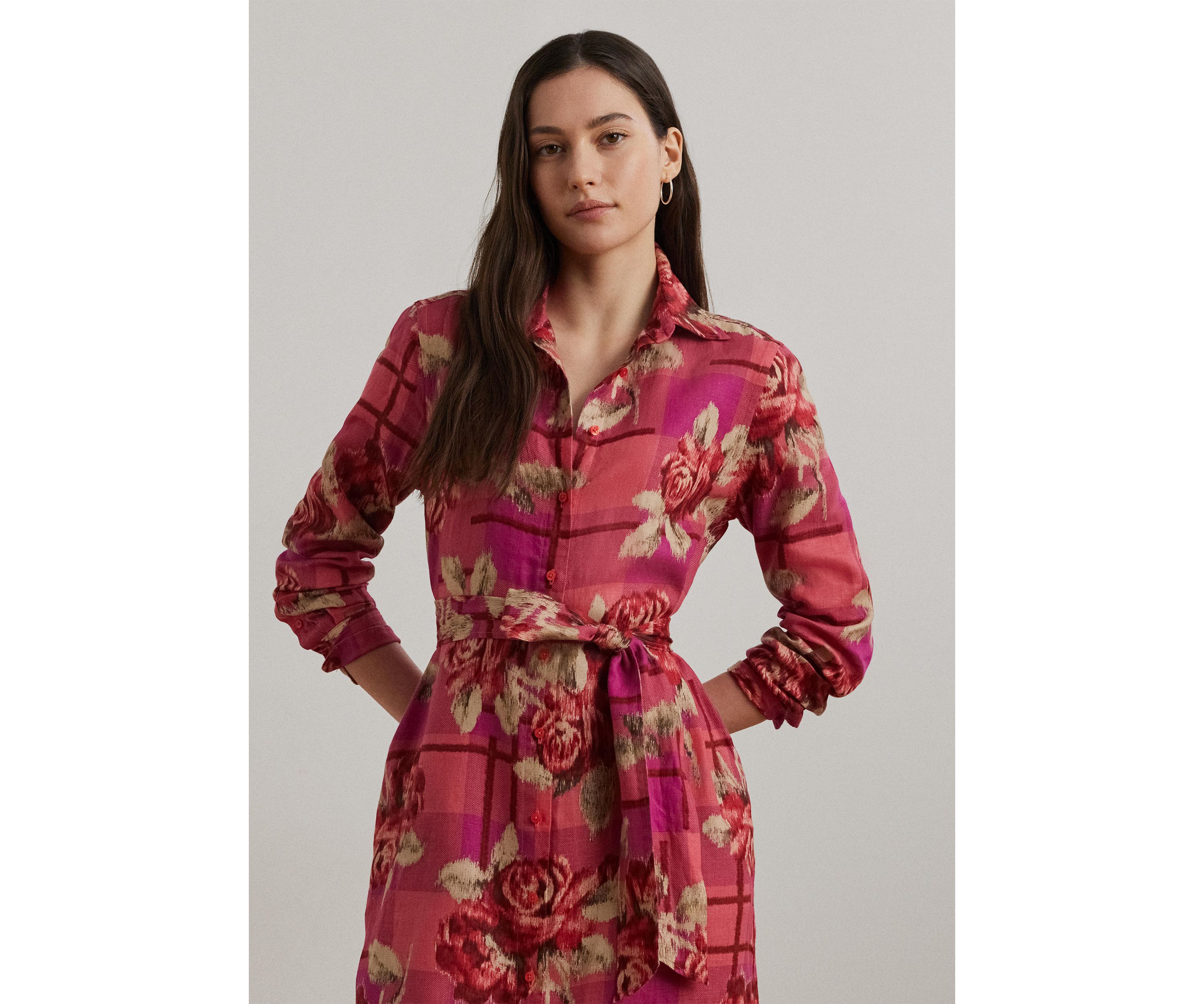 Womens Floral Checked Linen Shirtdress
