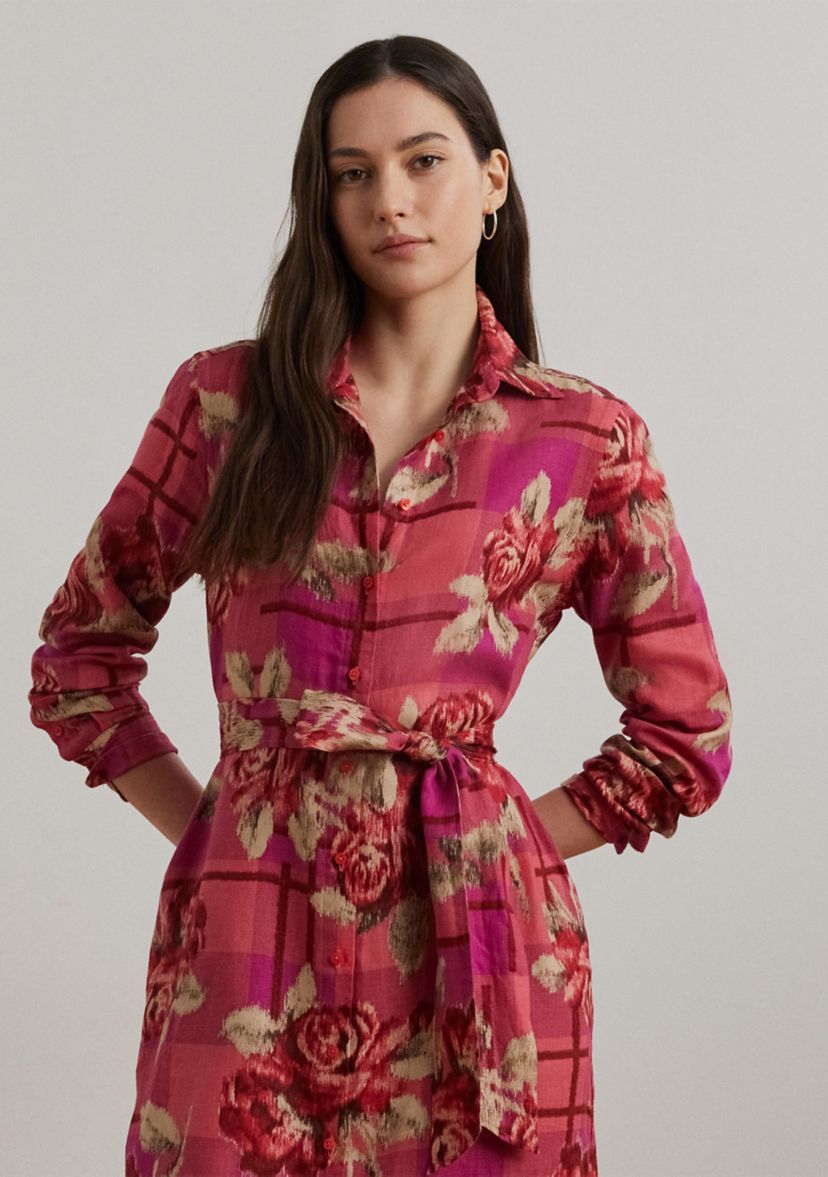 Womens Floral Checked Linen Shirtdress