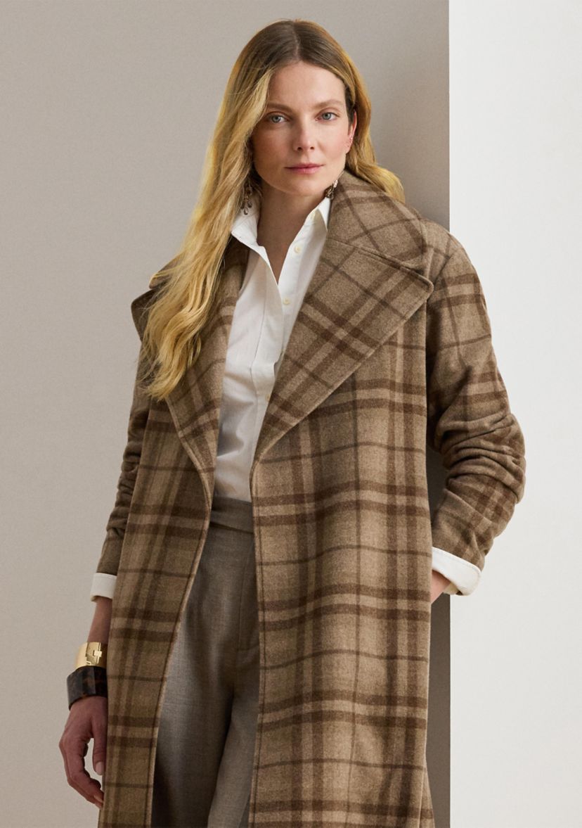 Womens Plaid Wool-Blend Twill Wrap Coat