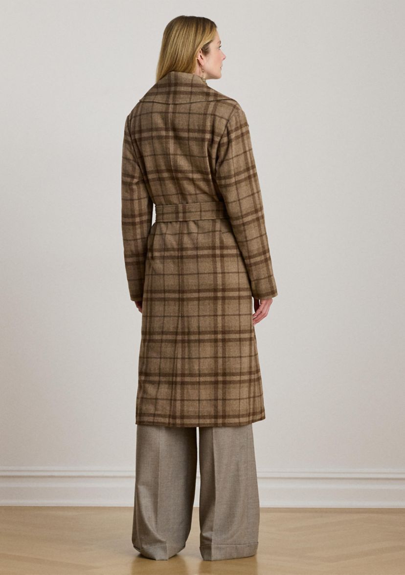 Womens Plaid Wool-Blend Twill Wrap Coat