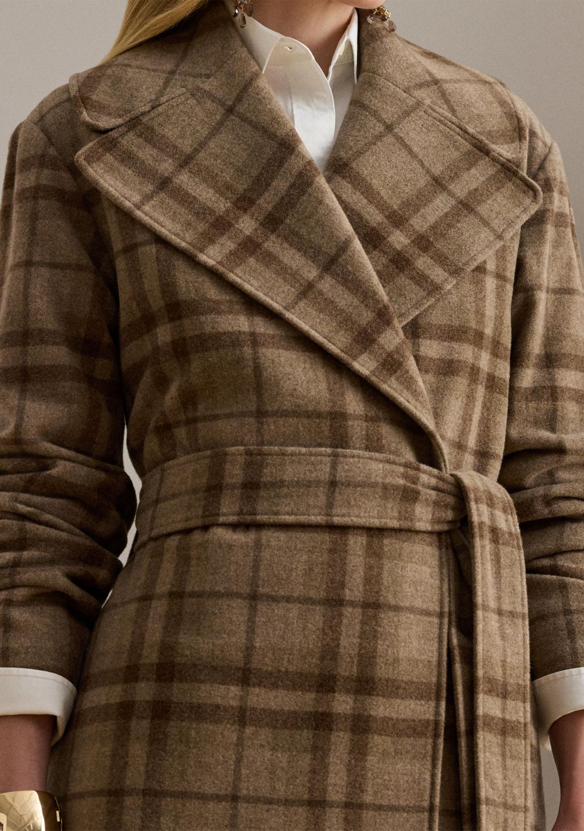 Womens Plaid Wool-Blend Twill Wrap Coat