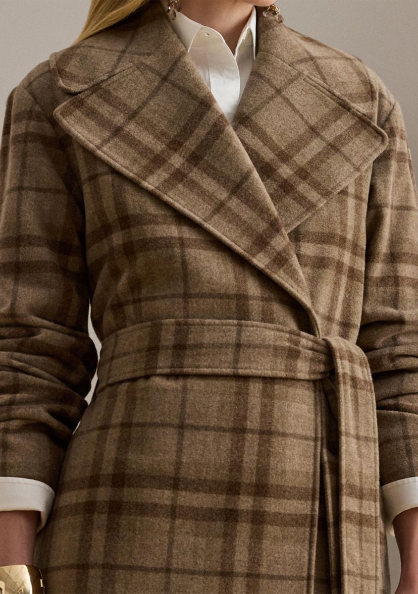 Womens Plaid Wool-Blend Twill Wrap Coat