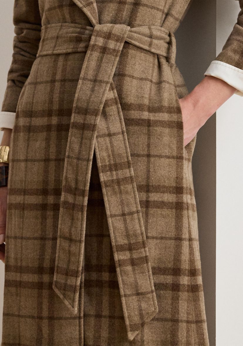 Womens Plaid Wool-Blend Twill Wrap Coat
