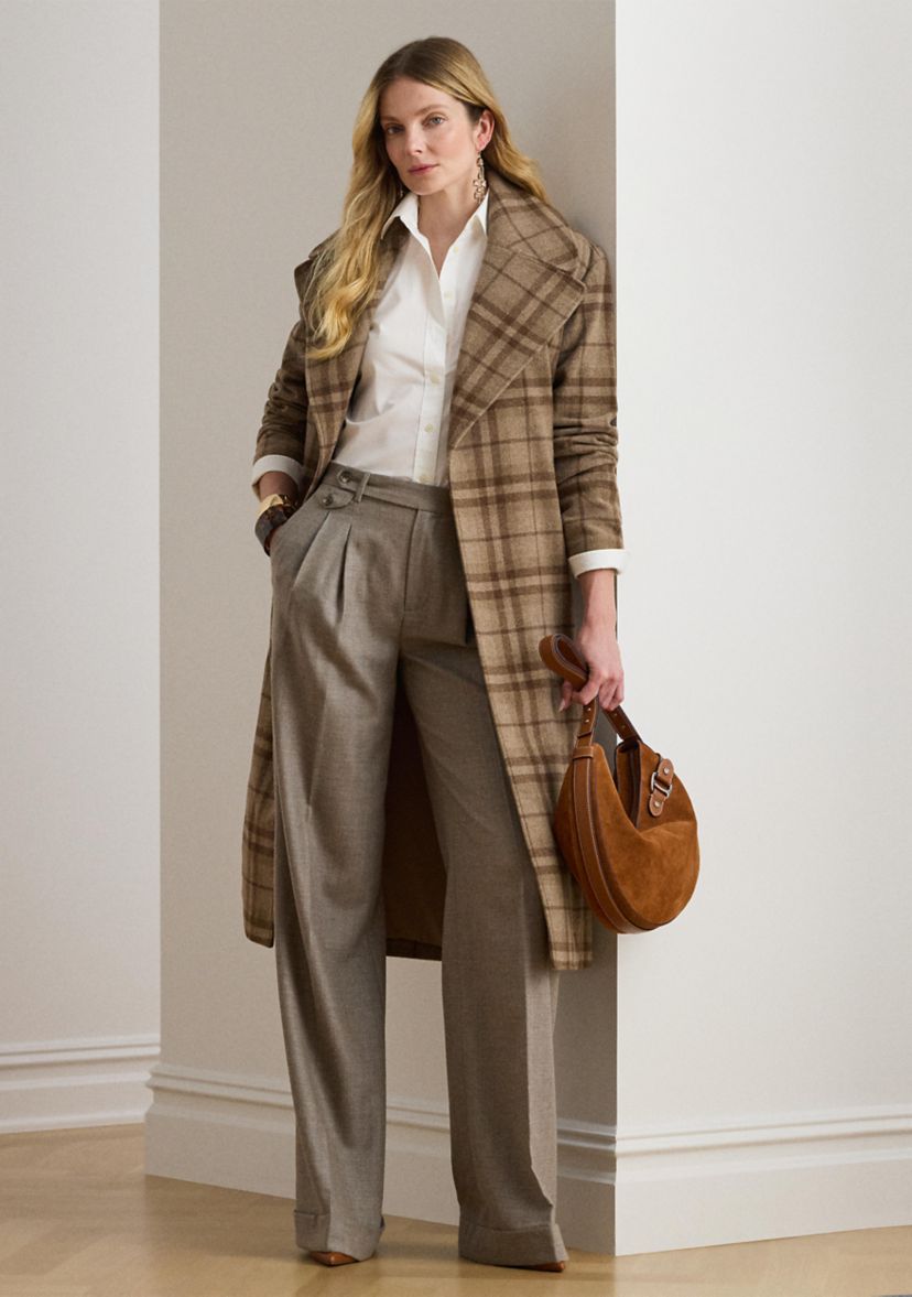 Womens Plaid Wool-Blend Twill Wrap Coat