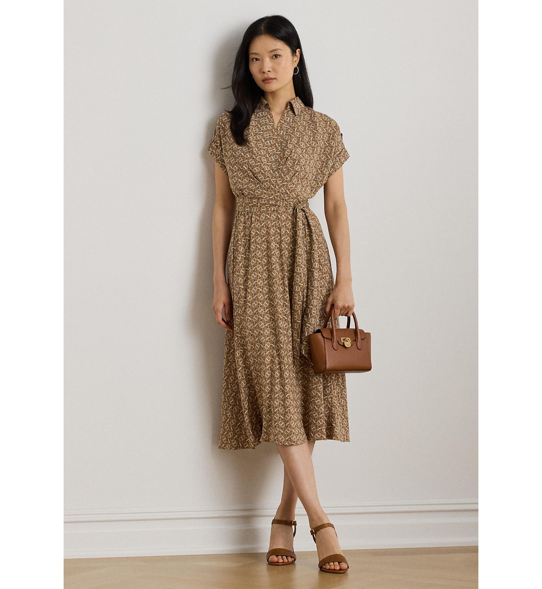 Geo-Print Belted Crepe Dress