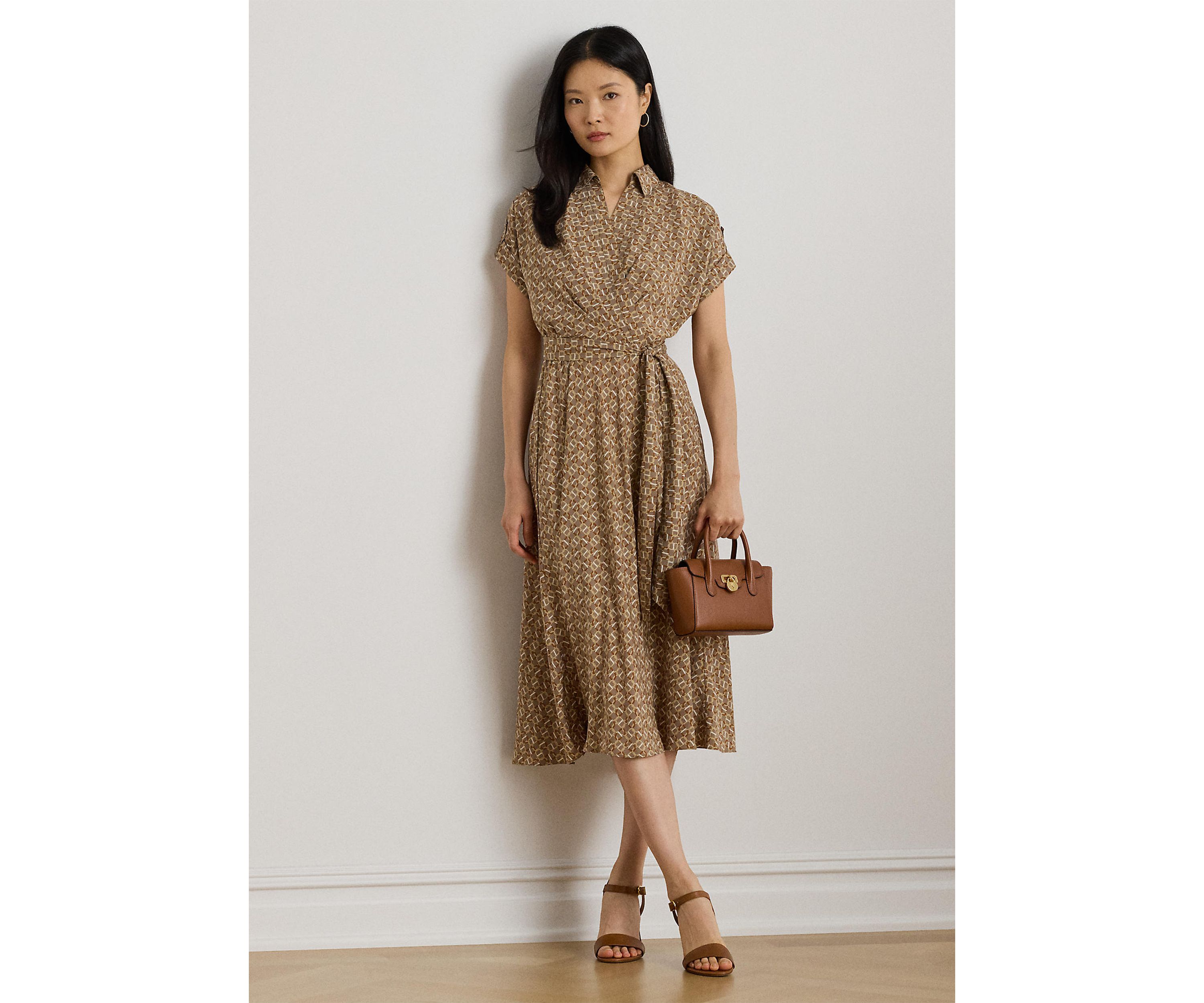 Geo-Print Belted Crepe Dress