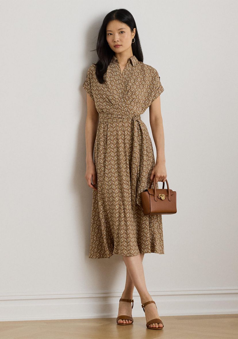 Geo-Print Belted Crepe Dress
