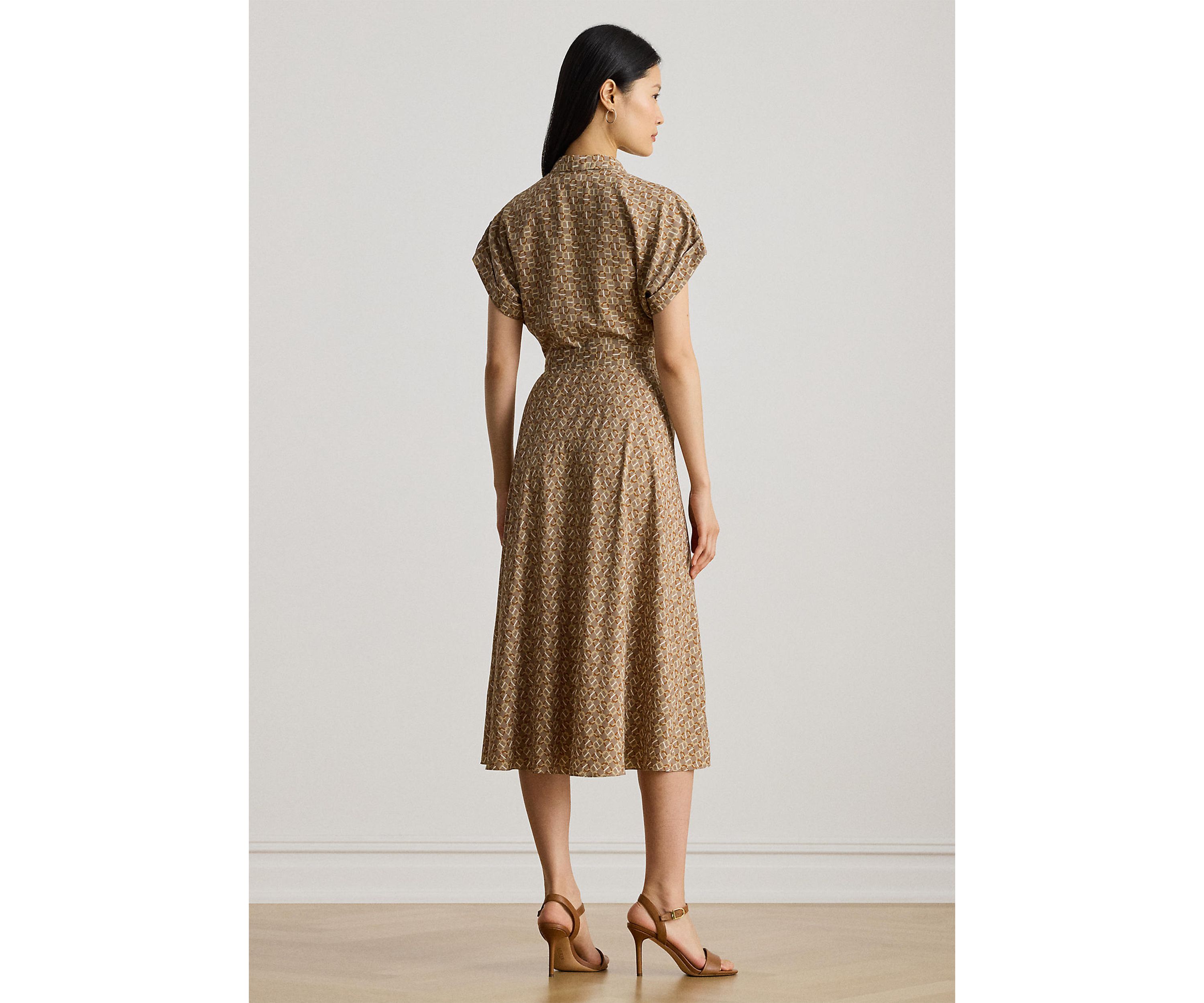 Geo-Print Belted Crepe Dress
