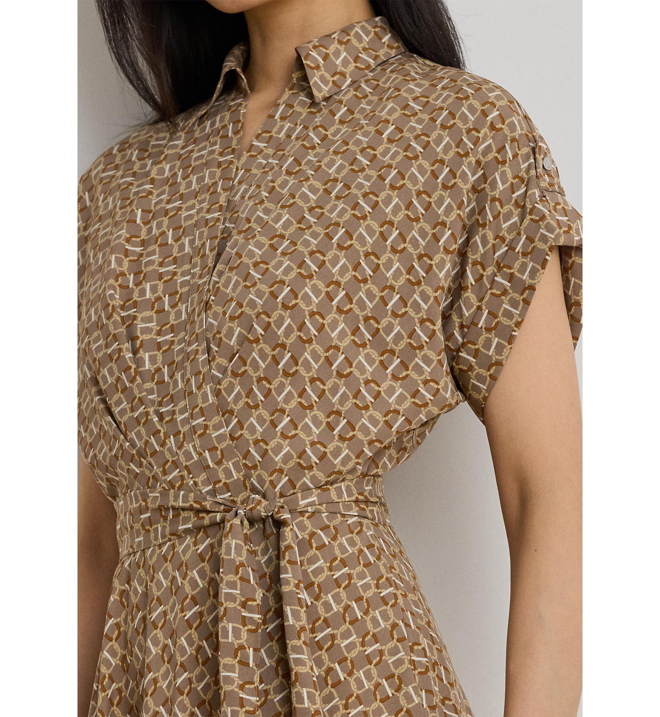 Geo-Print Belted Crepe Dress