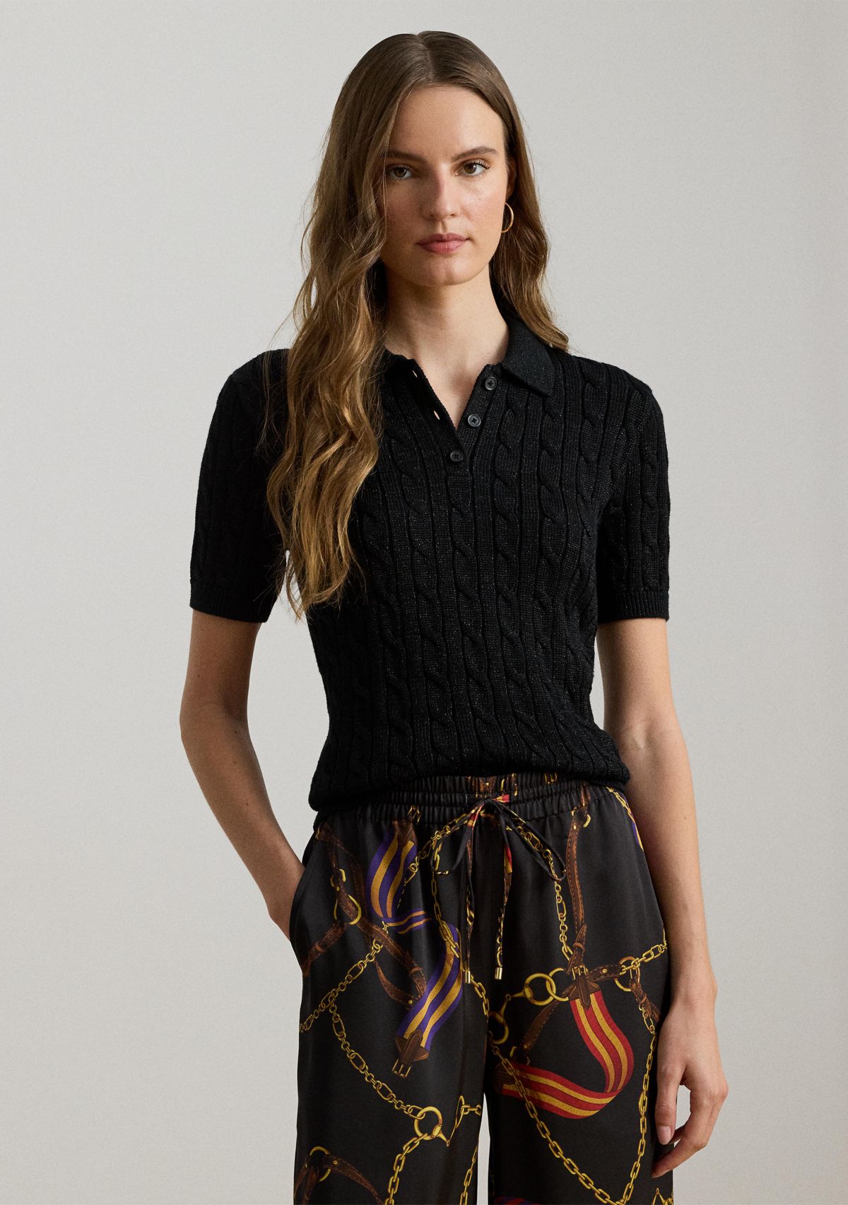 Womens Metallic Cable-Knit Polo Sweater