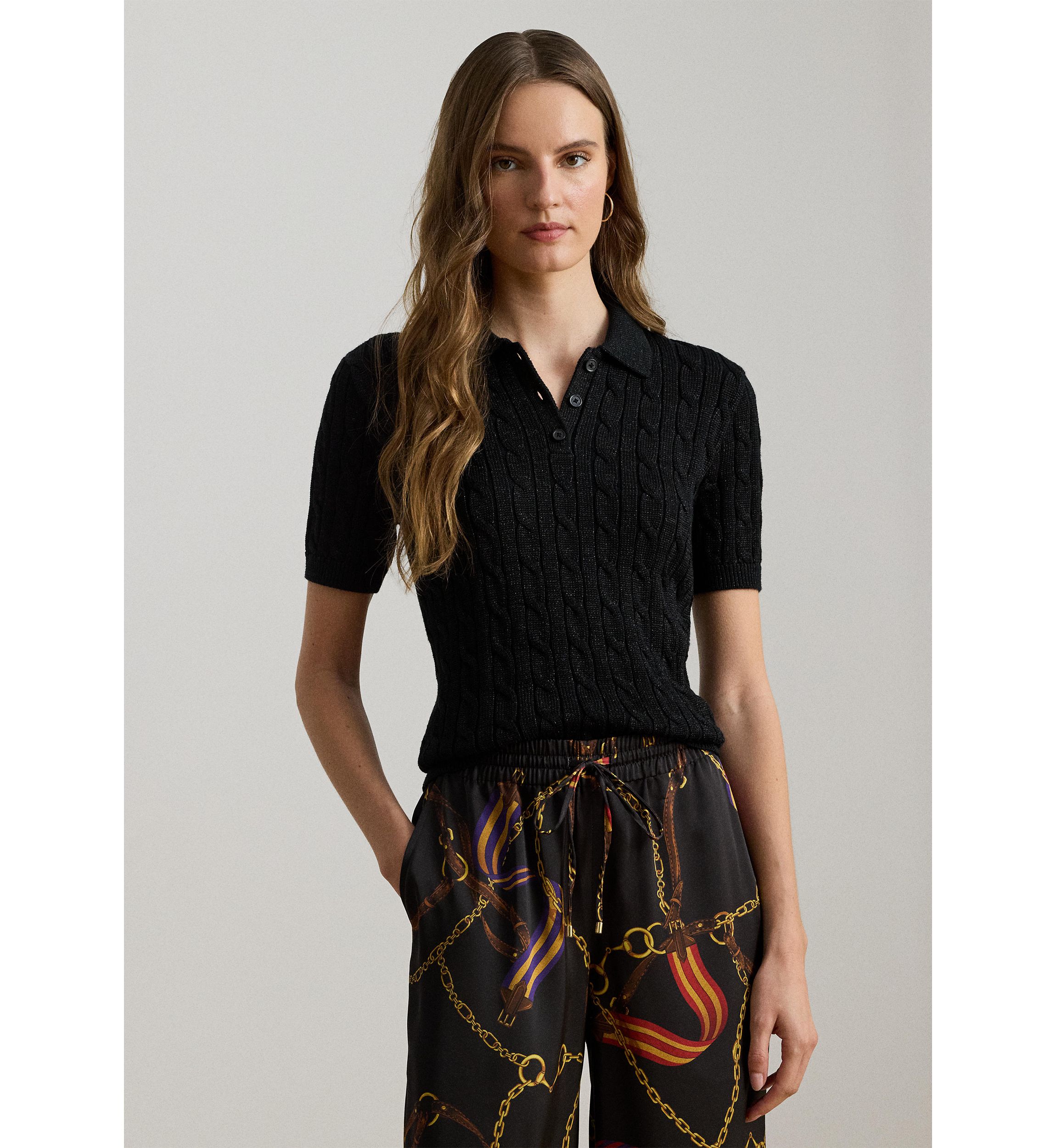 Lauren Ralph Lauren Women's Metallic Cable-Knit Polo Sweater | Belk
