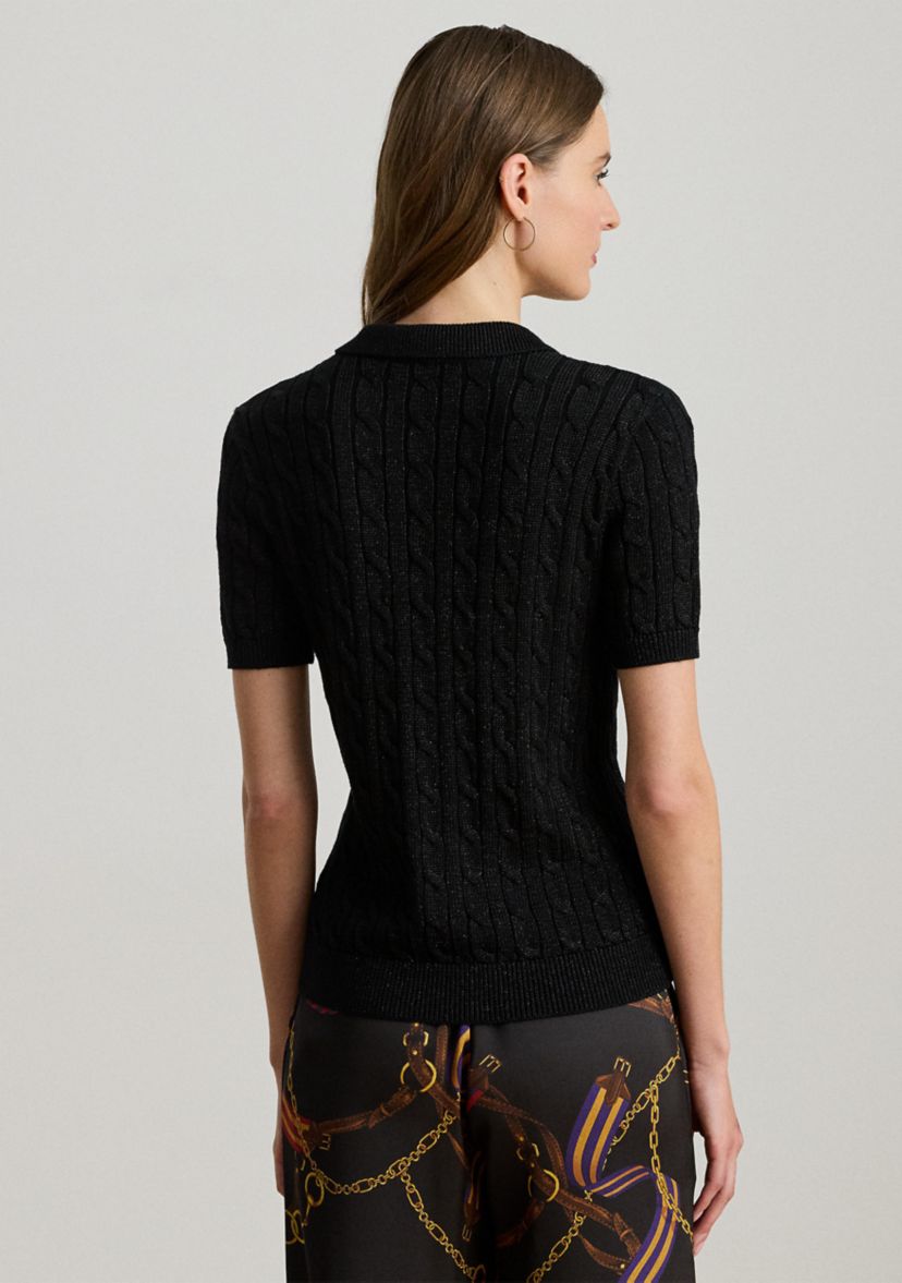 Womens Metallic Cable-Knit Polo Sweater