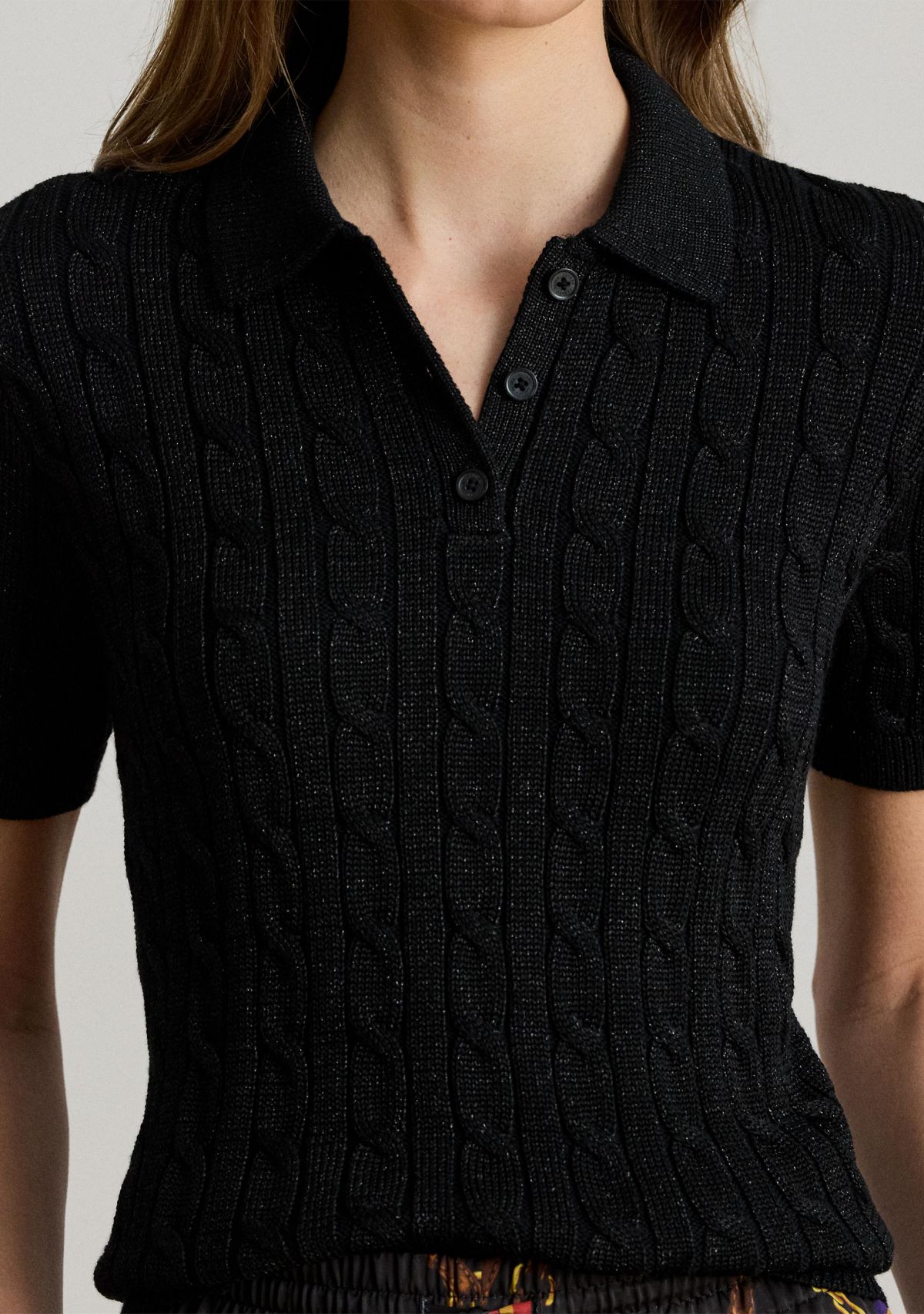 Womens Metallic Cable-Knit Polo Sweater