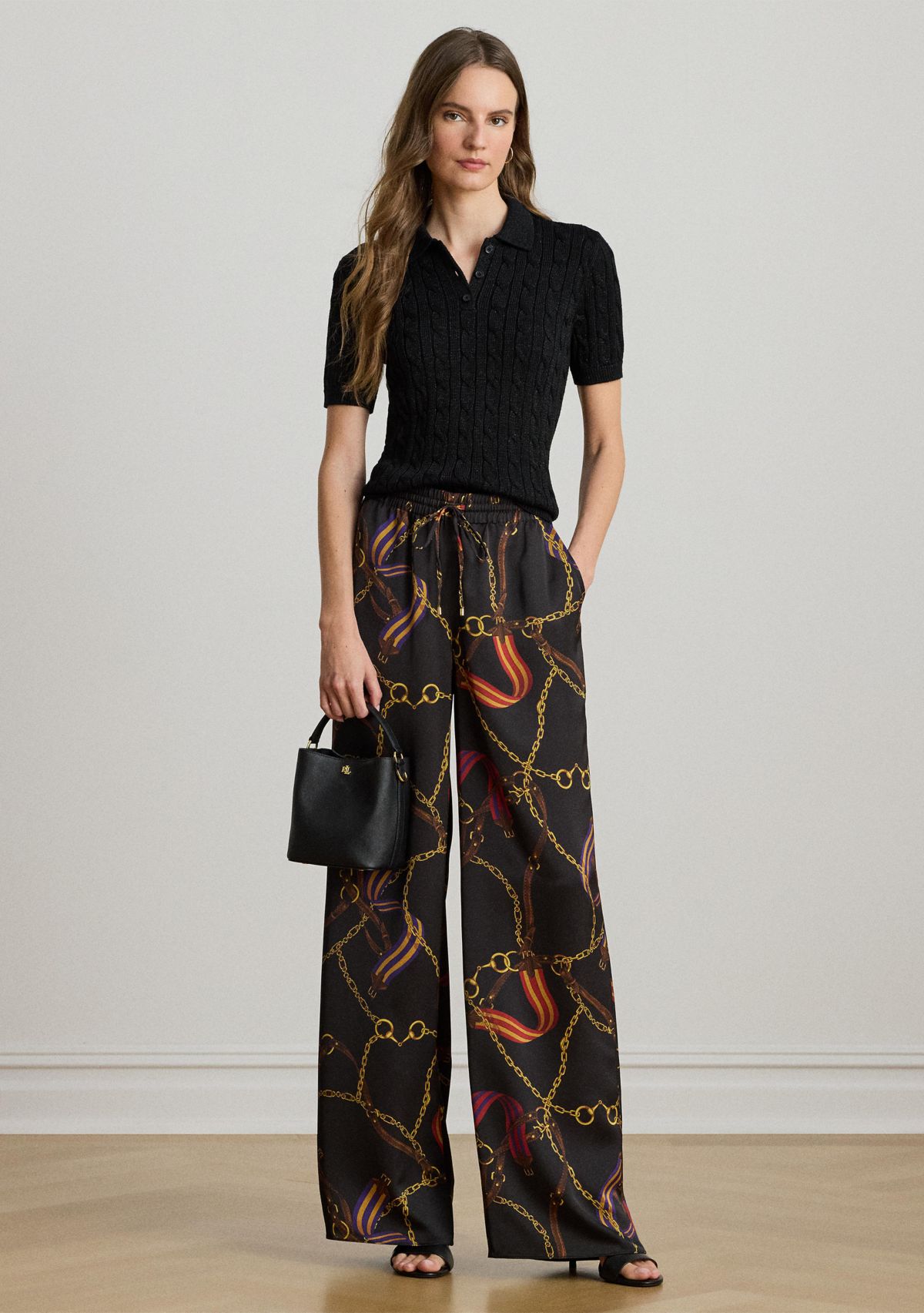 Womens Metallic Cable-Knit Polo Sweater