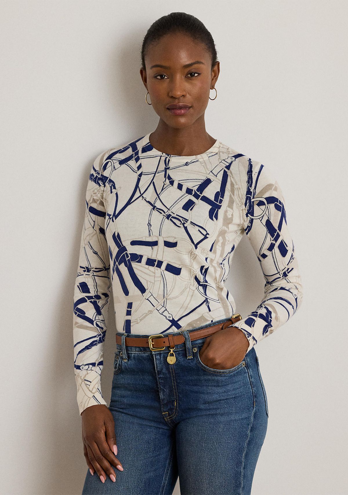 Belting-Print Cotton-Blend Sweater
