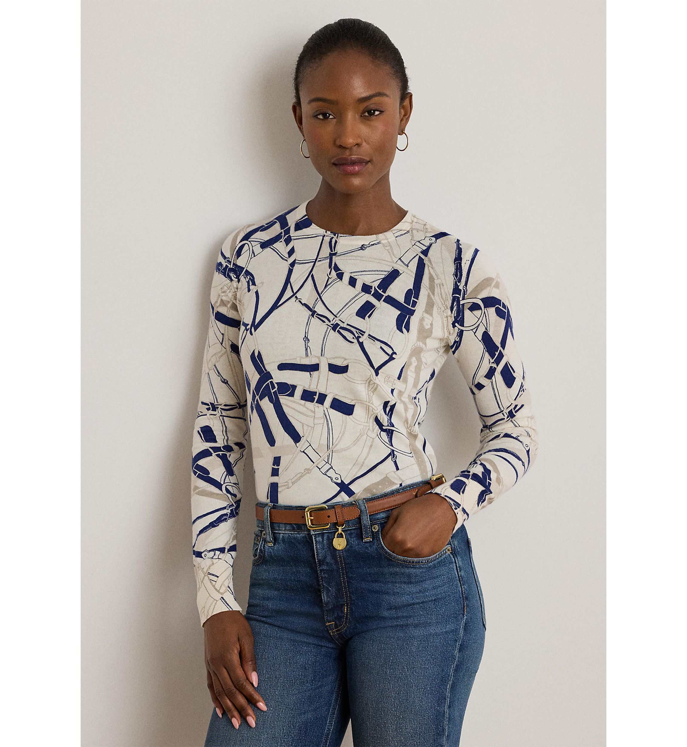 Belting-Print Cotton-Blend Sweater