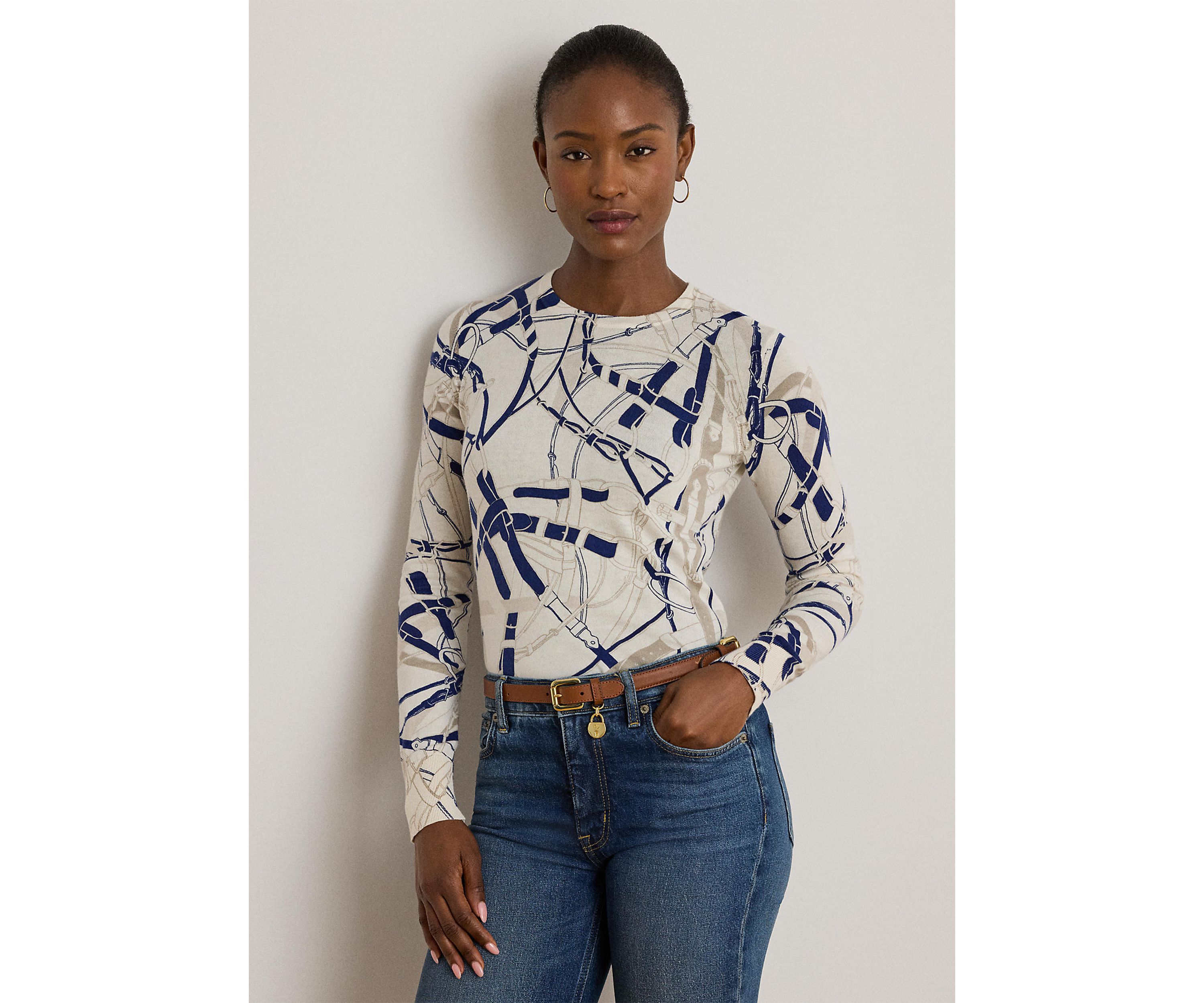 Belting-Print Cotton-Blend Sweater