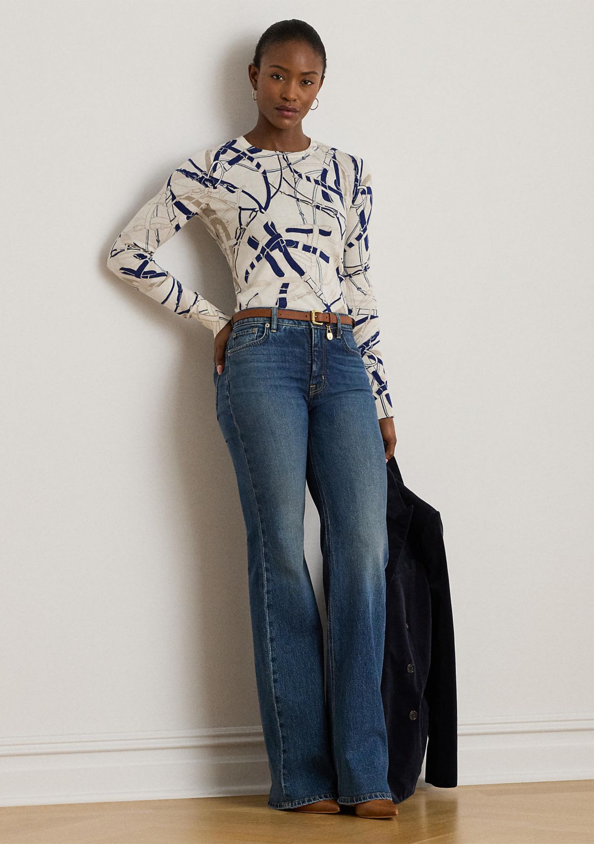 Belting-Print Cotton-Blend Sweater