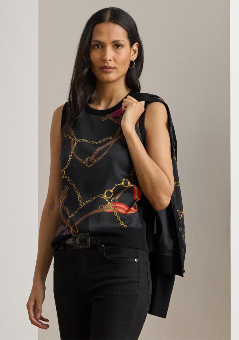 Womens Belting-Print Sleeveless Sweater