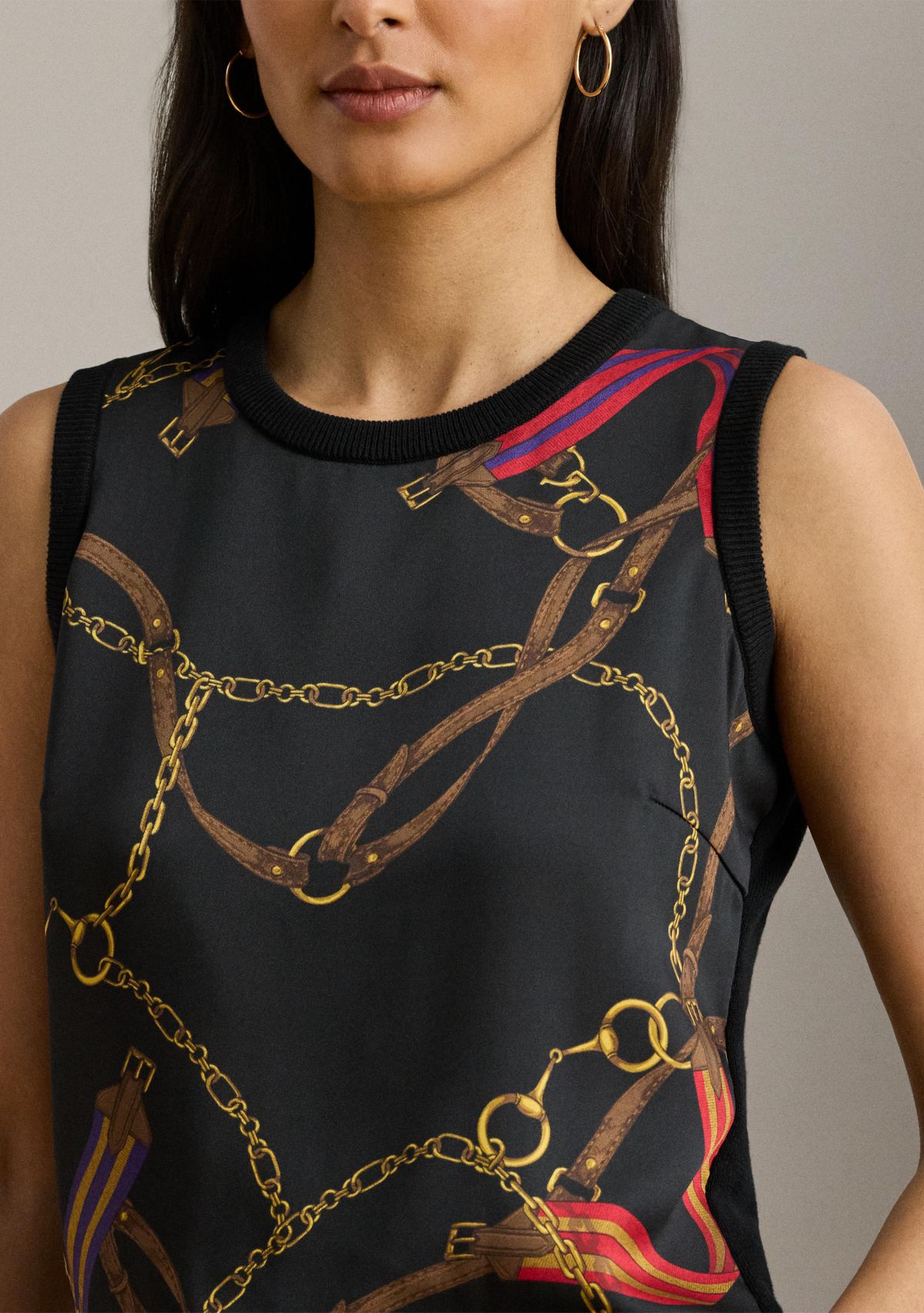 Womens Belting-Print Sleeveless Sweater