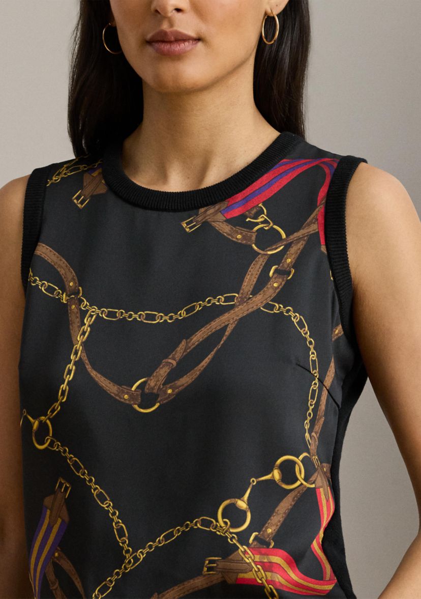 Womens Belting-Print Sleeveless Sweater