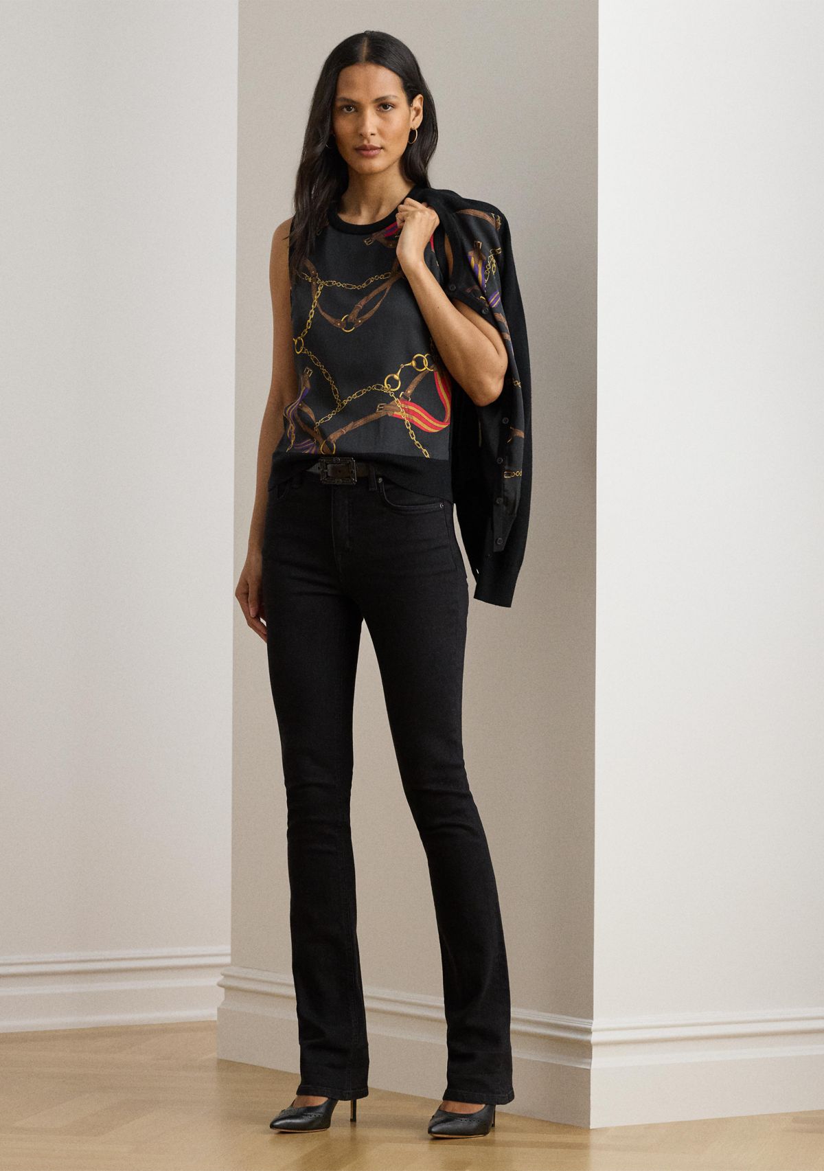 Womens Belting-Print Sleeveless Sweater