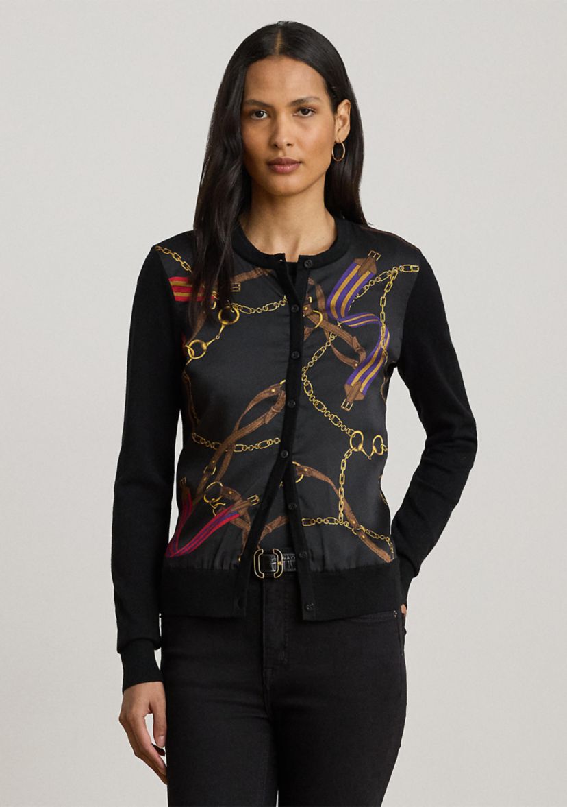 Womens Belting-Print Cotton-Blend Cardigan