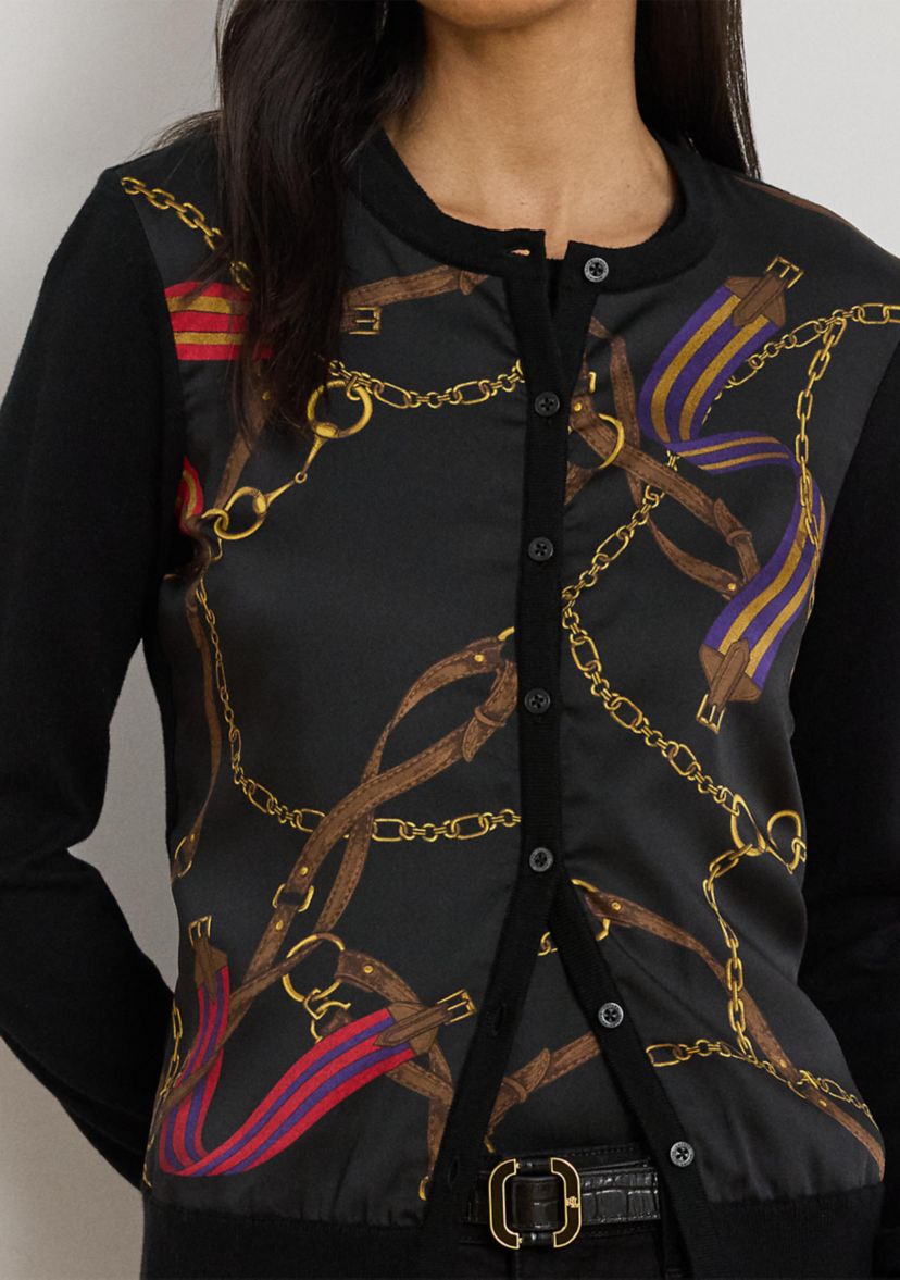 Womens Belting-Print Cotton-Blend Cardigan
