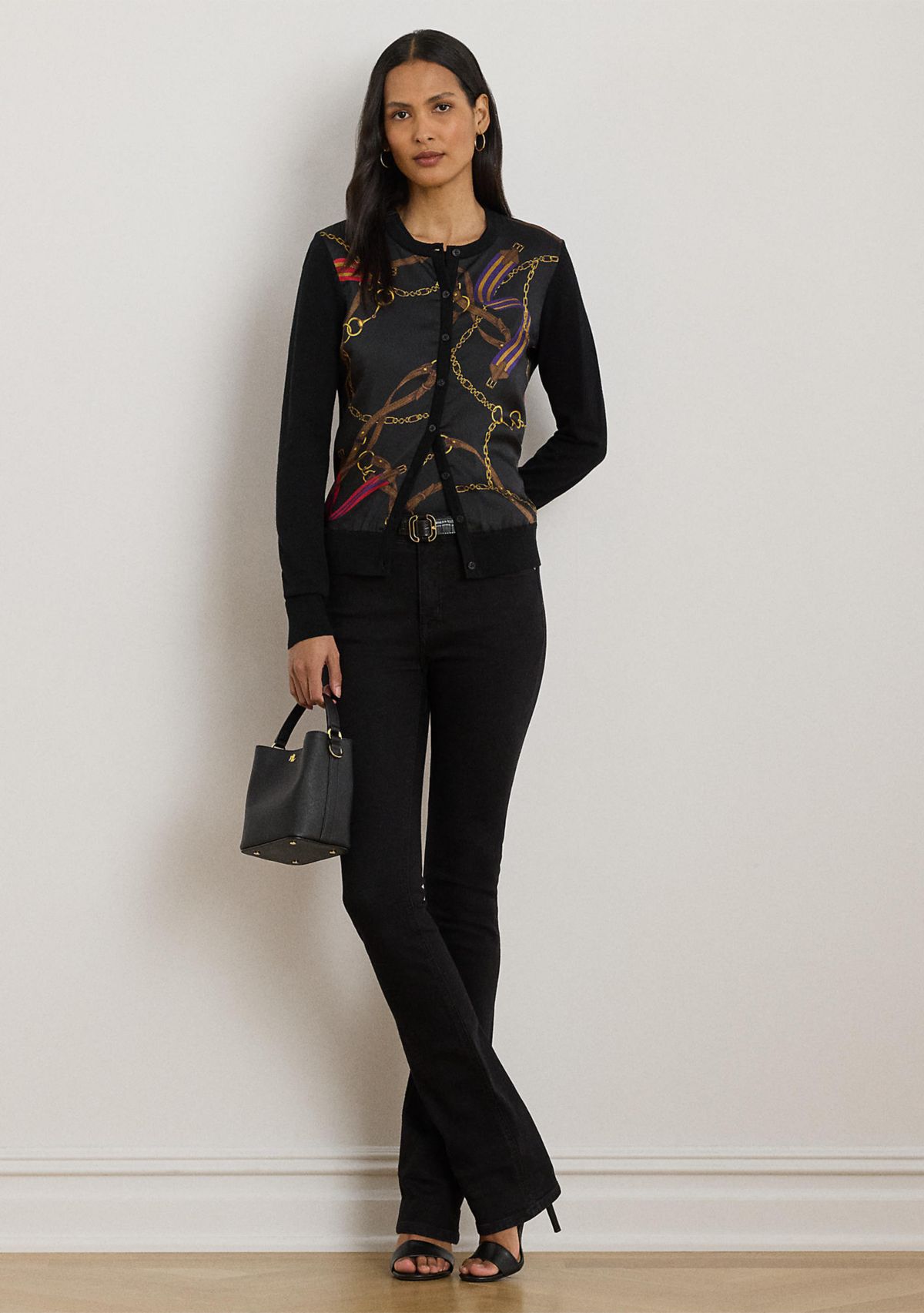 Womens Belting-Print Cotton-Blend Cardigan