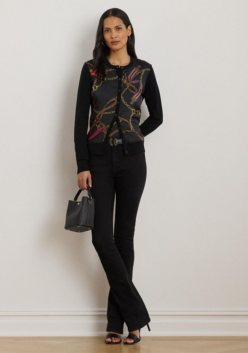 Womens Belting-Print Cotton-Blend Cardigan