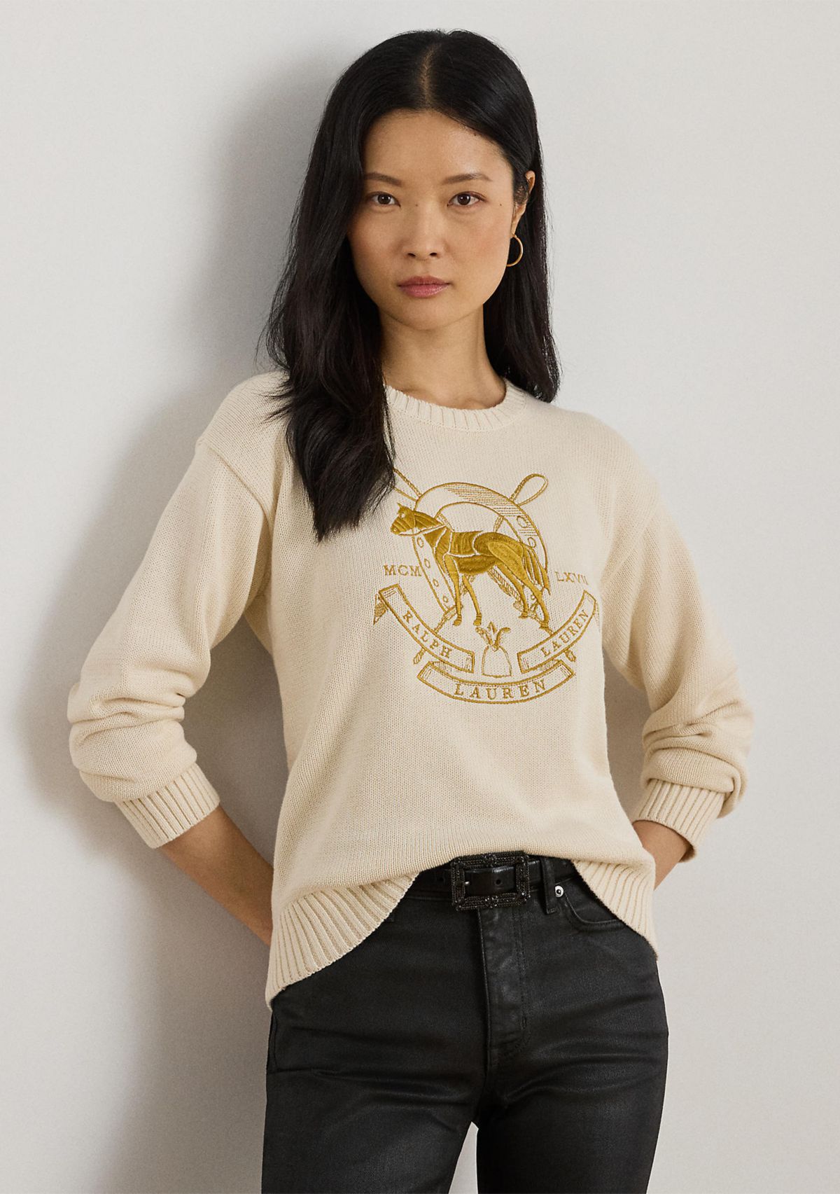 Womens Embroidered Cotton Crewneck Sweater