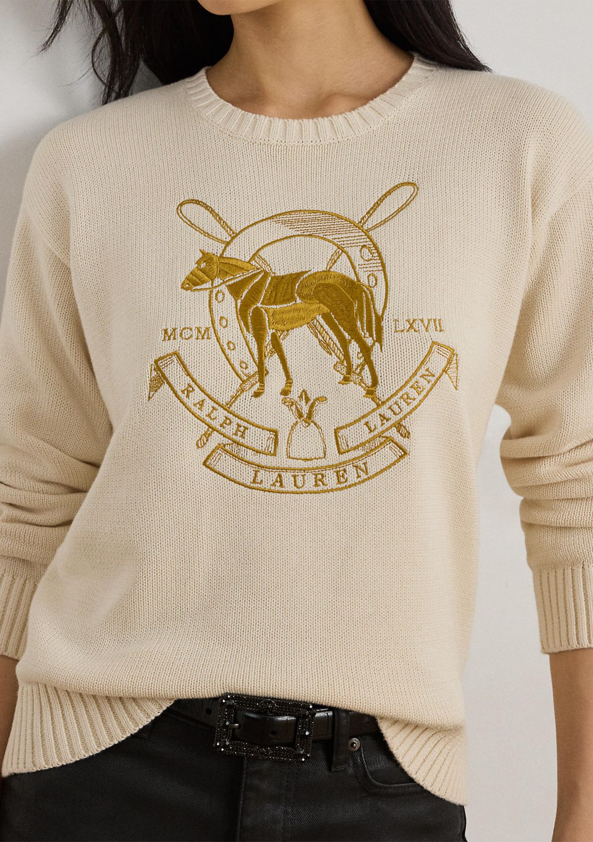 Womens Embroidered Cotton Crewneck Sweater