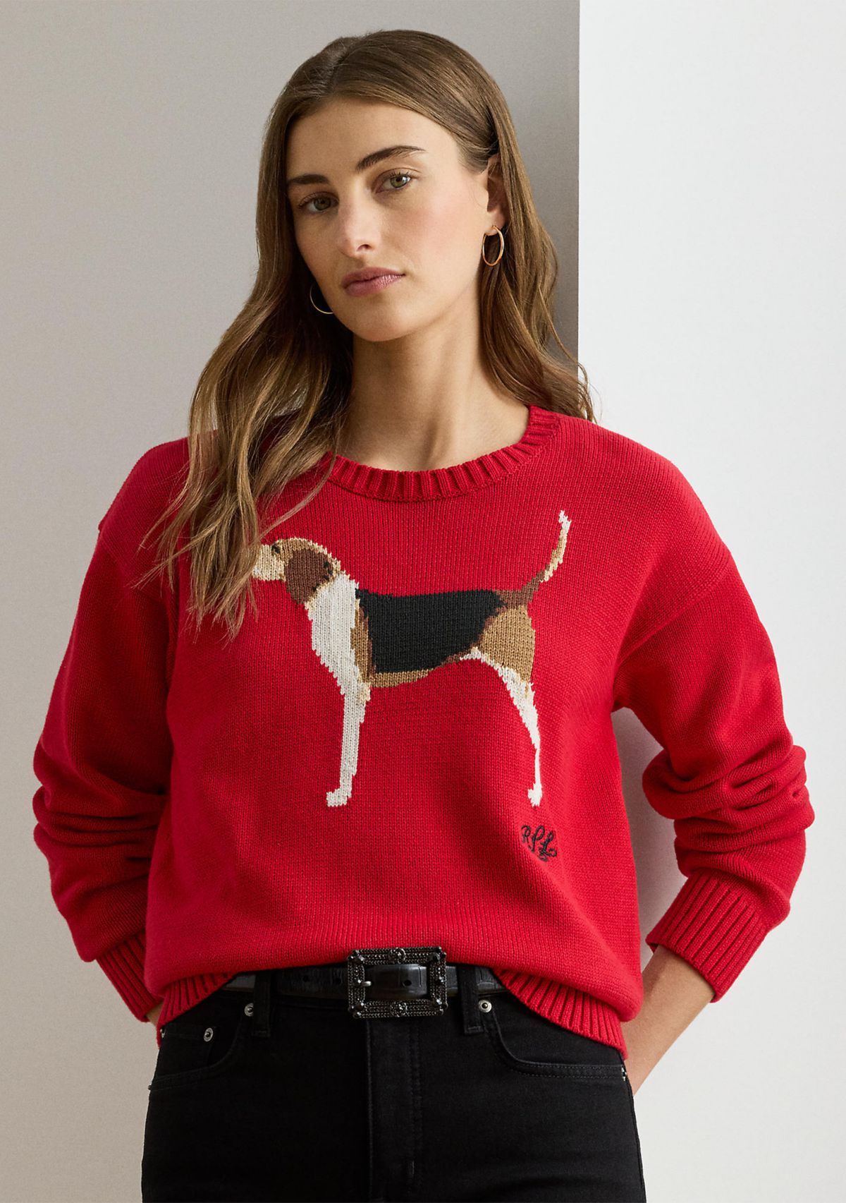 Womens Intarsia-Knit Foxhound Cotton Sweater