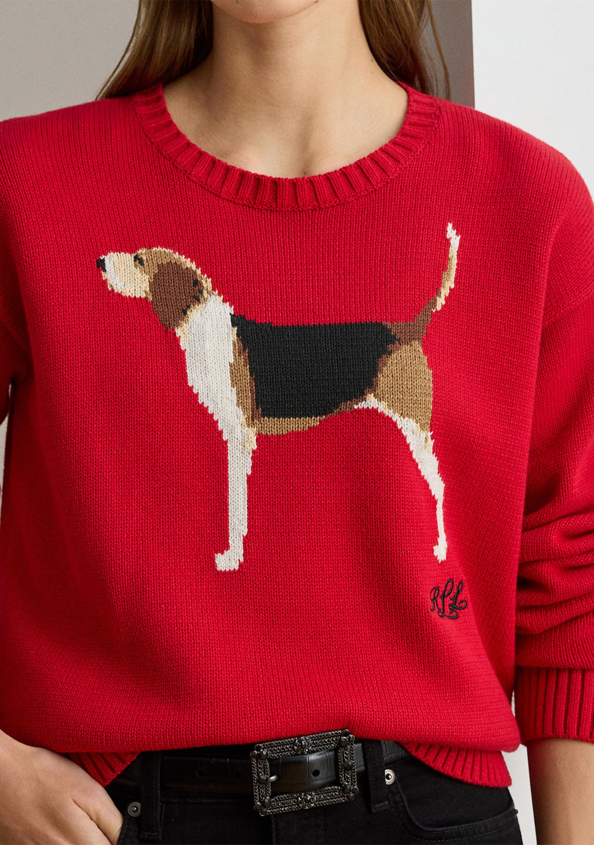 Womens Intarsia-Knit Foxhound Cotton Sweater