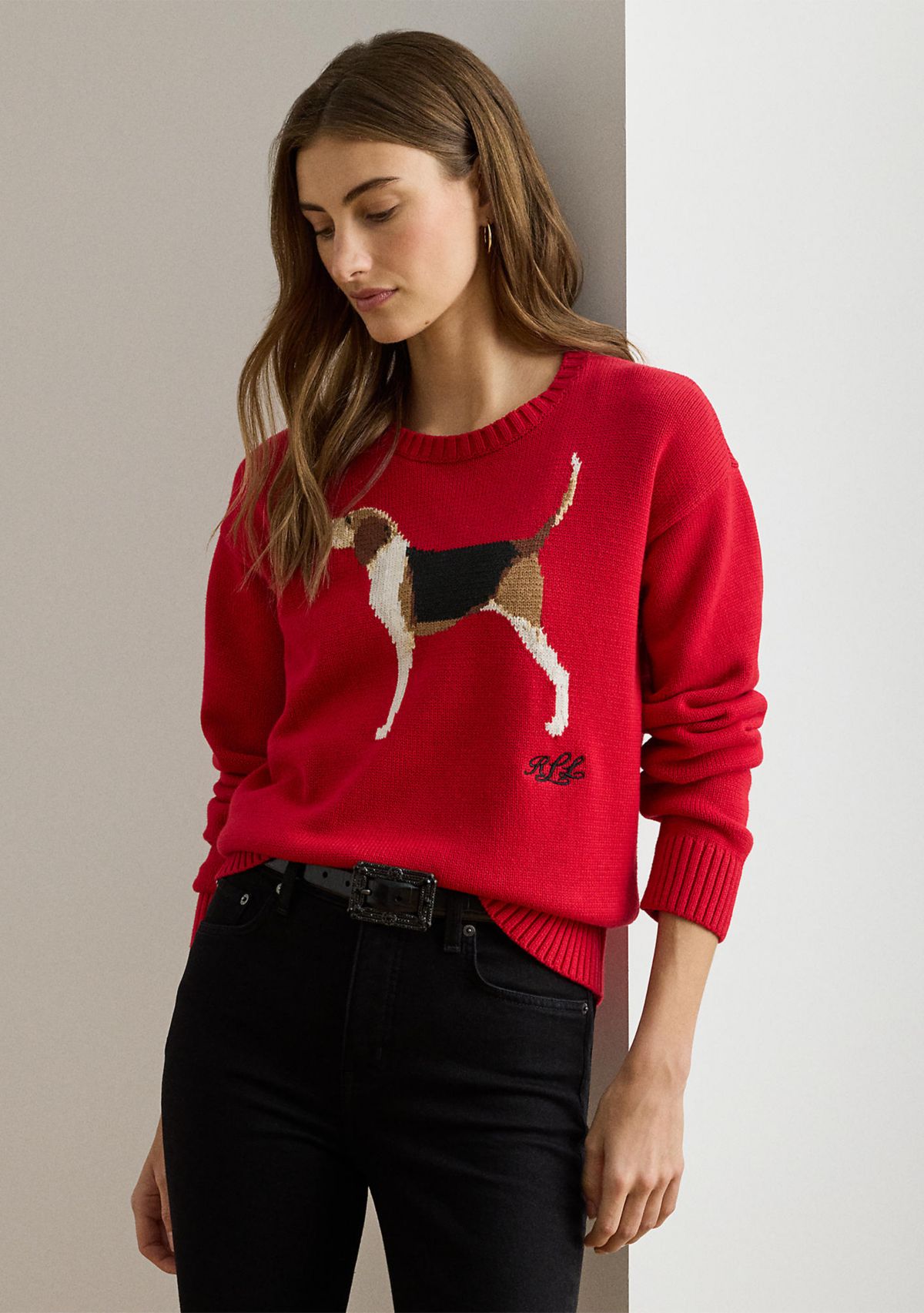 Womens Intarsia-Knit Foxhound Cotton Sweater