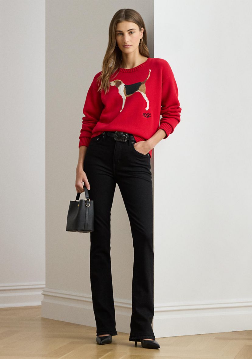 Womens Intarsia-Knit Foxhound Cotton Sweater