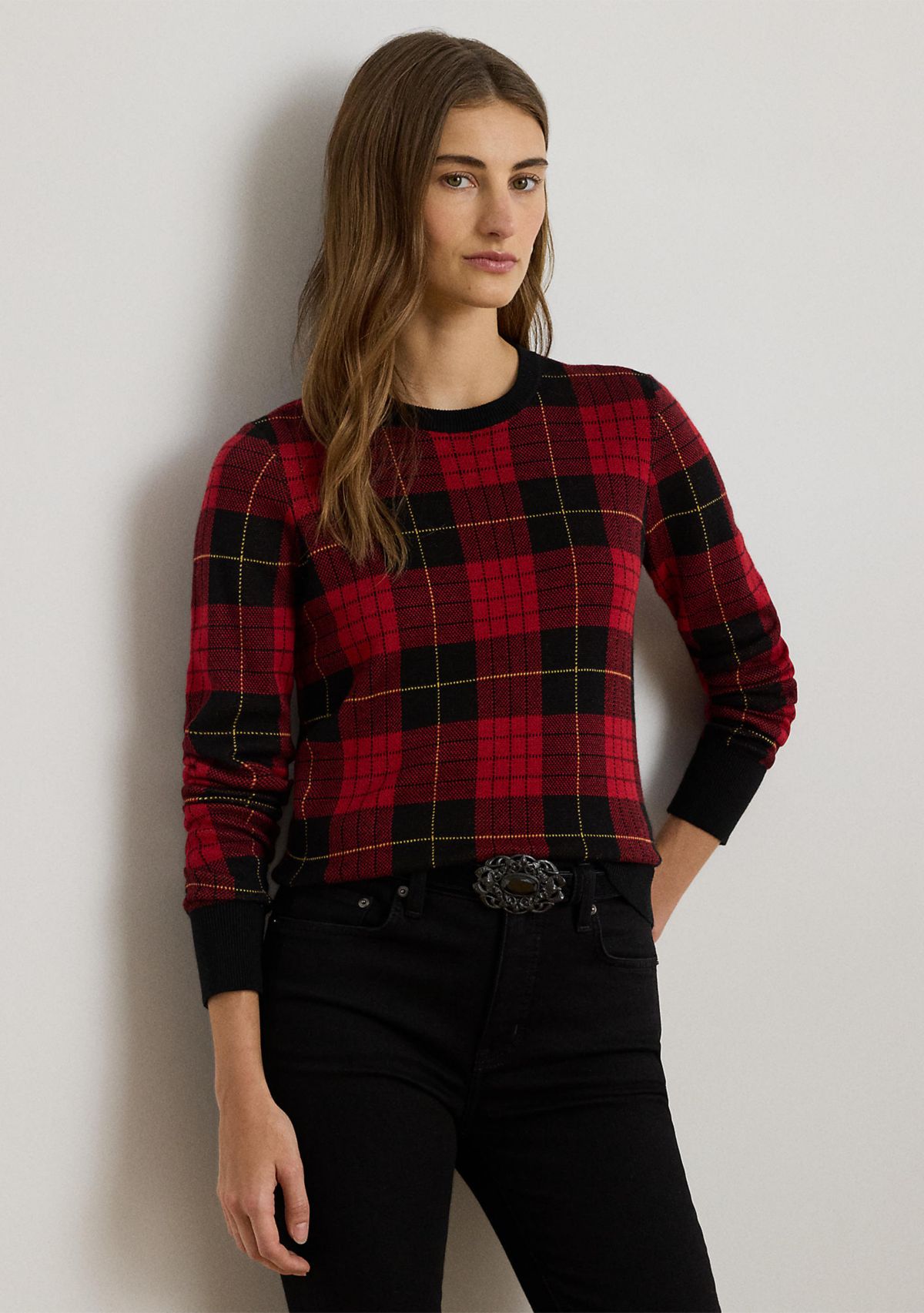 Womens Plaid Cotton-Blend Sweater