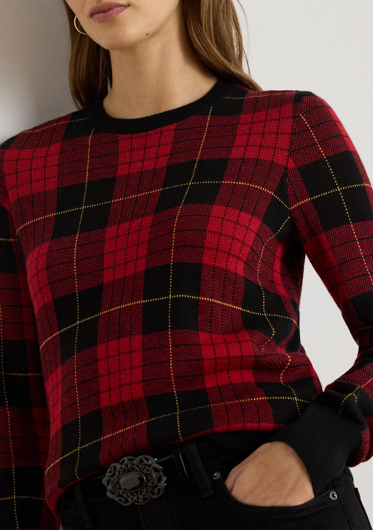Womens Plaid Cotton-Blend Sweater