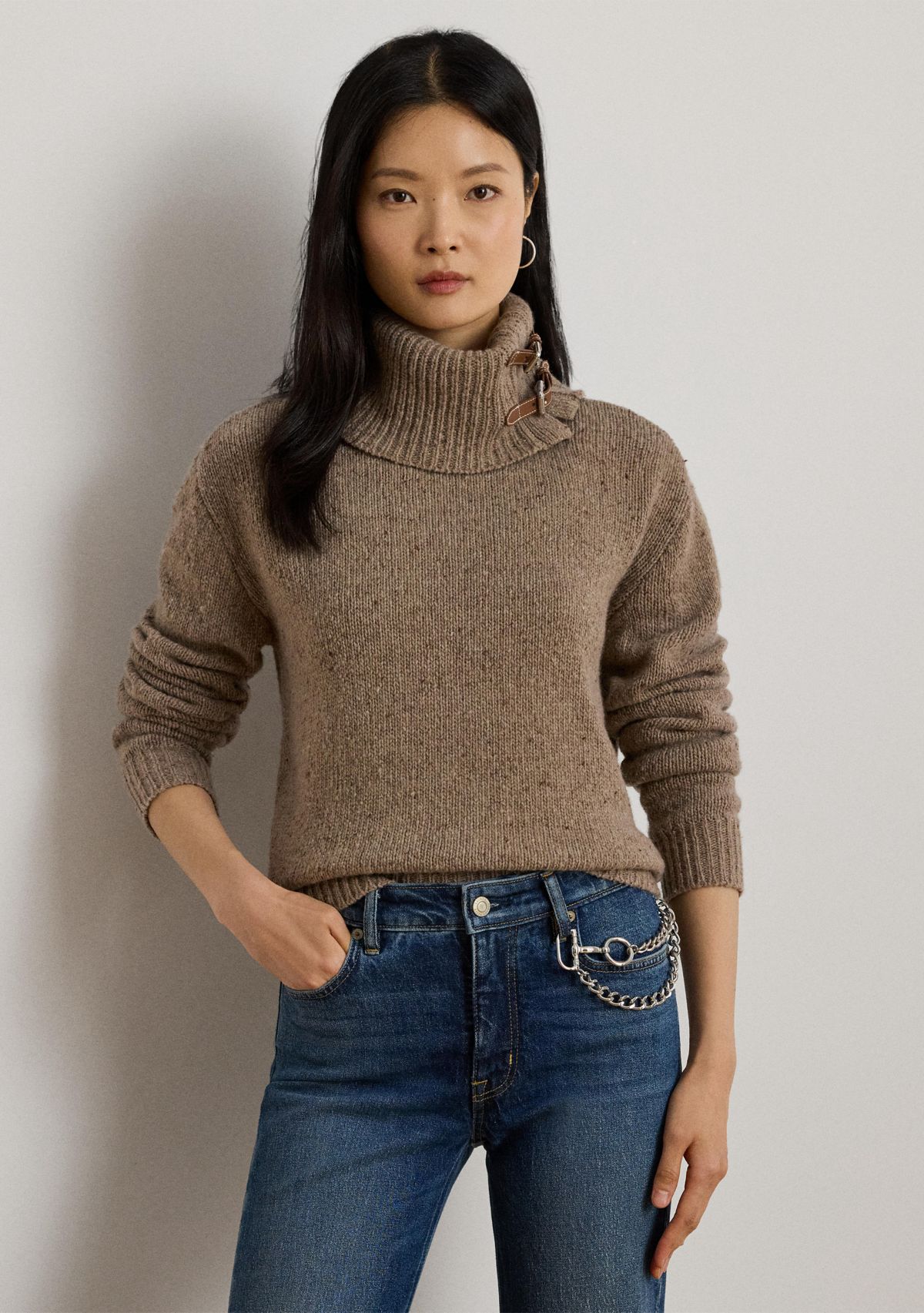 Womens Buckle-Trim Mélange Turtleneck Sweater