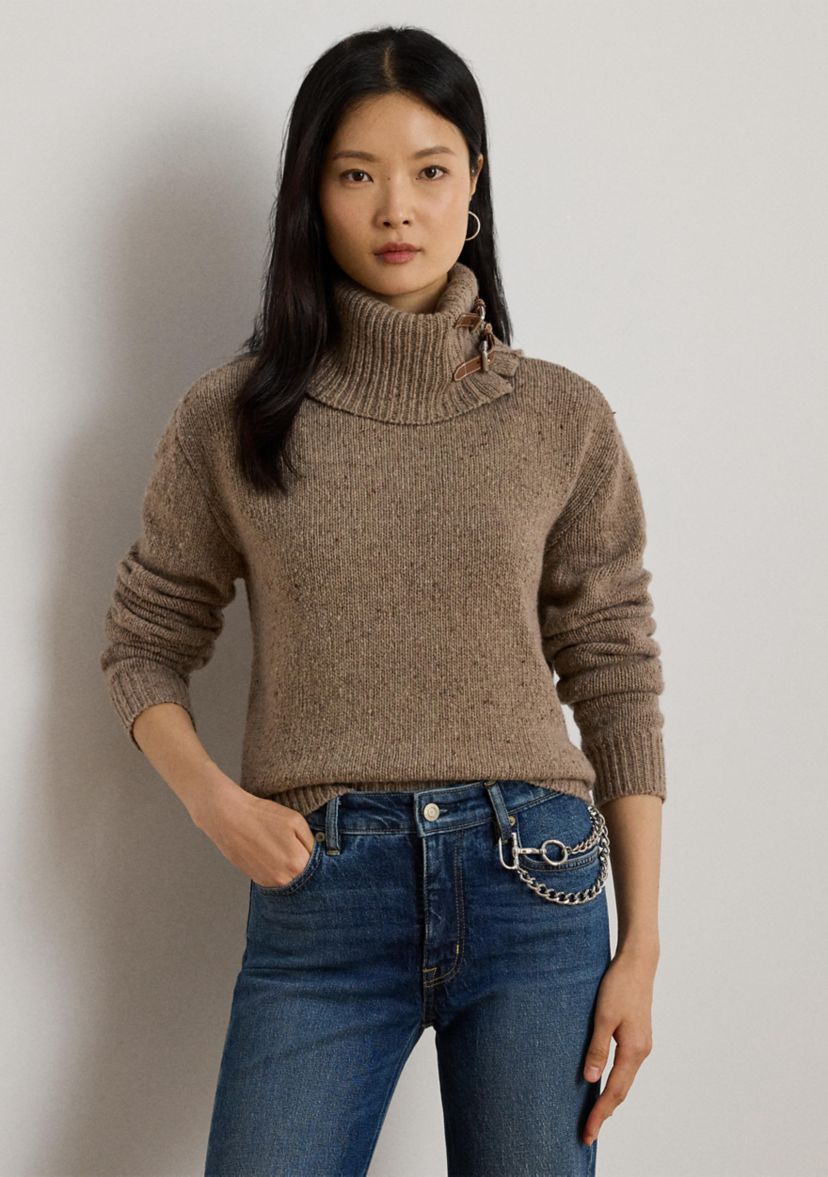 Womens Buckle-Trim Mélange Turtleneck Sweater