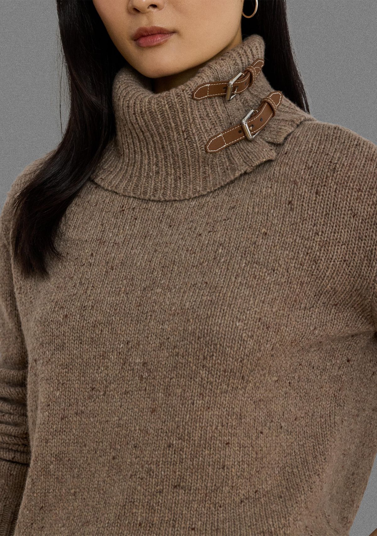 Womens Buckle-Trim Mélange Turtleneck Sweater