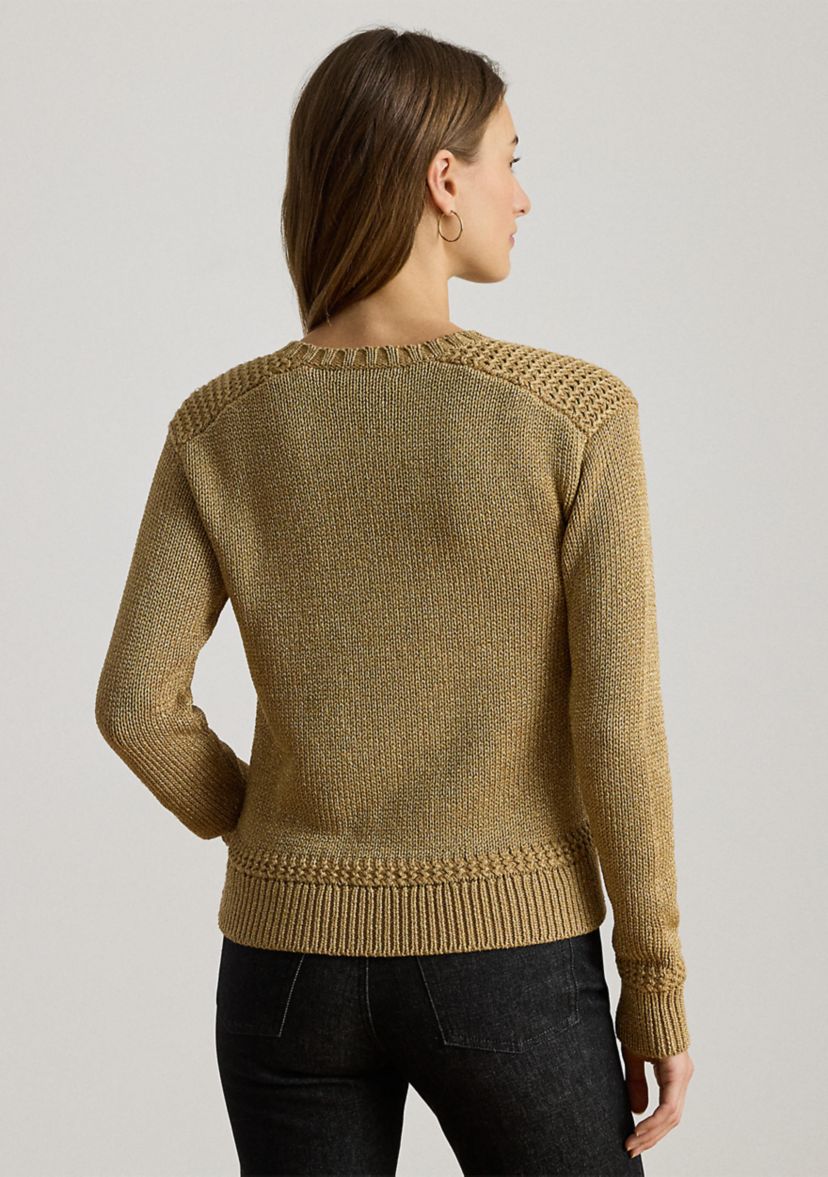 Womens Metallic Cotton-Blend Crewneck Sweater