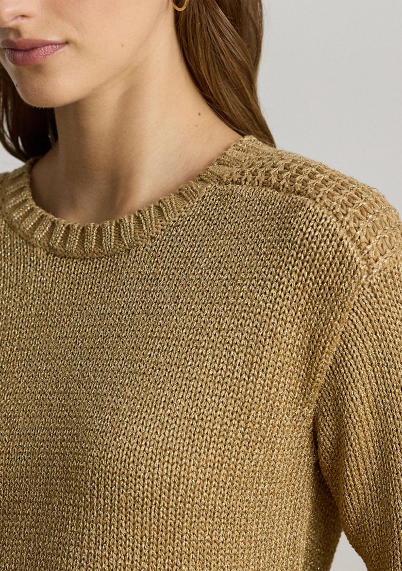 Womens Metallic Cotton-Blend Crewneck Sweater