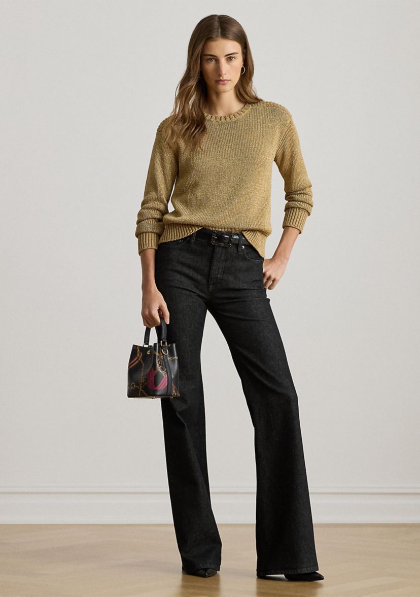 Womens Metallic Cotton-Blend Crewneck Sweater