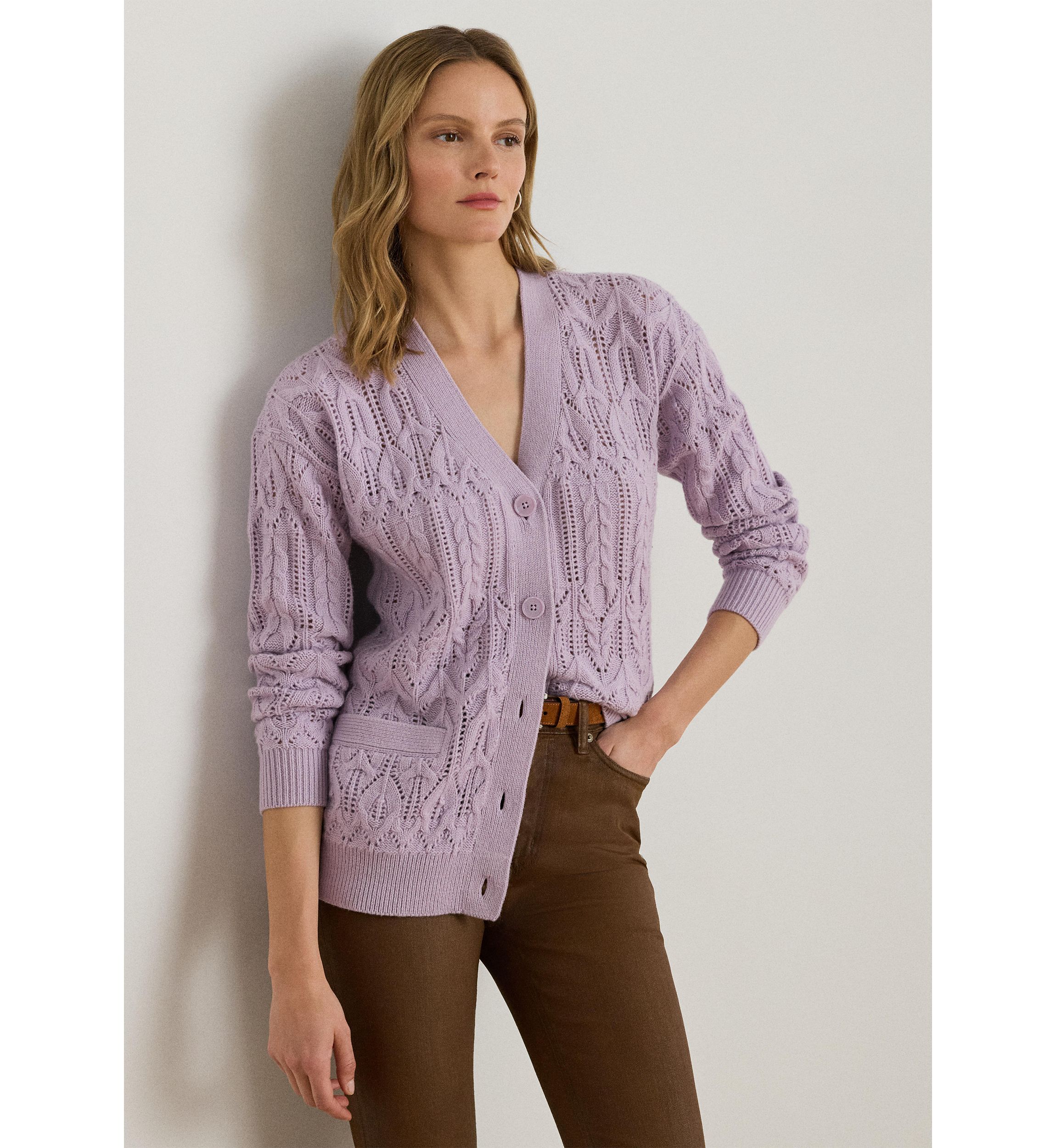 Womens Pointelle Wool-Blend V-Neck Cardigan