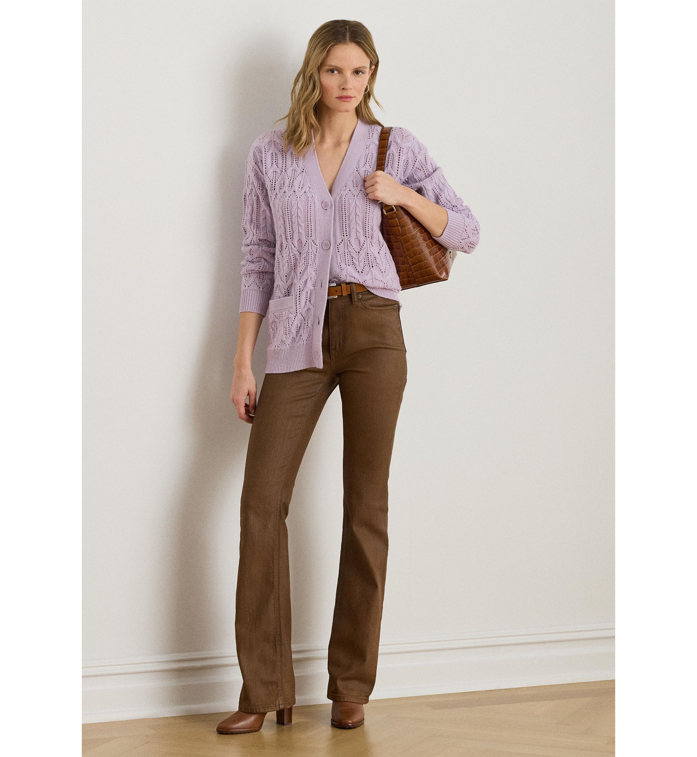 Womens Pointelle Wool-Blend V-Neck Cardigan