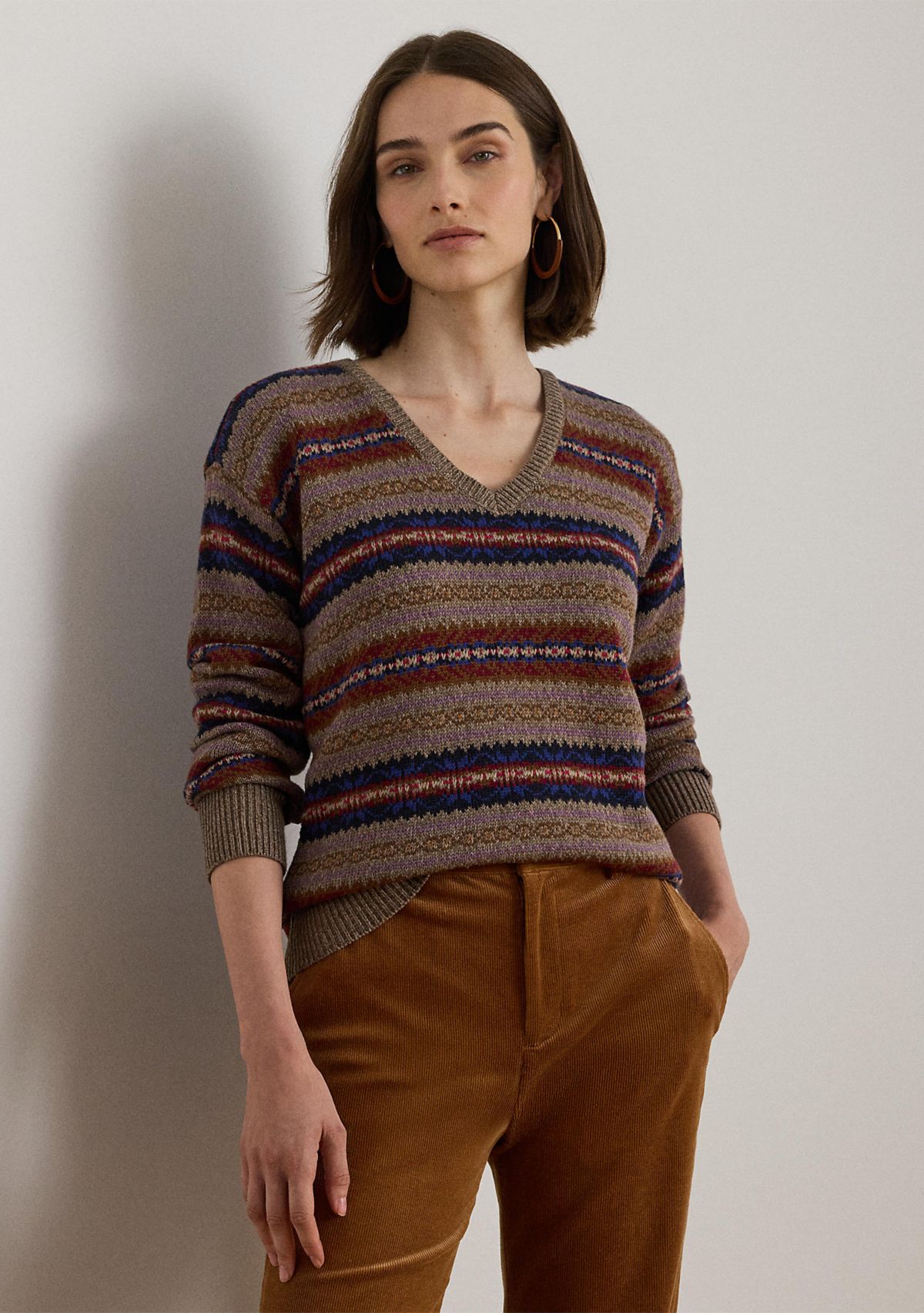 Womens Fair Isle Cotton-Linen V-Neck Sweater