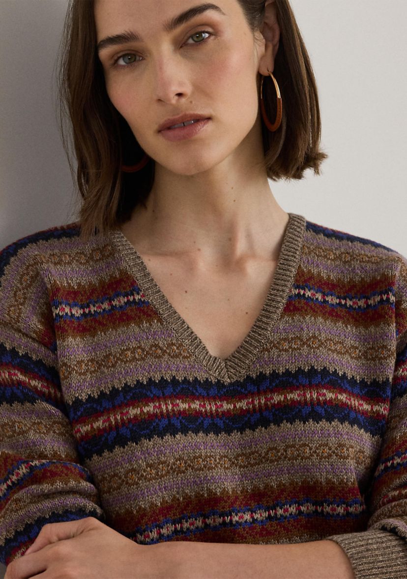 Womens Fair Isle Cotton-Linen V-Neck Sweater