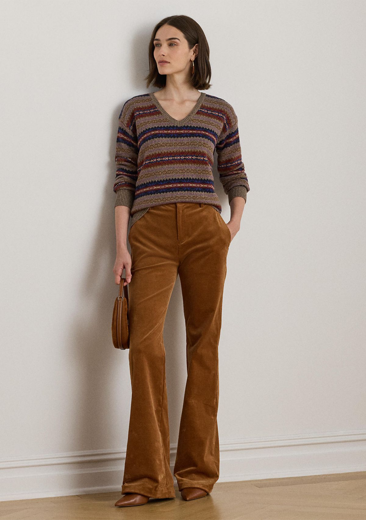 Womens Fair Isle Cotton-Linen V-Neck Sweater