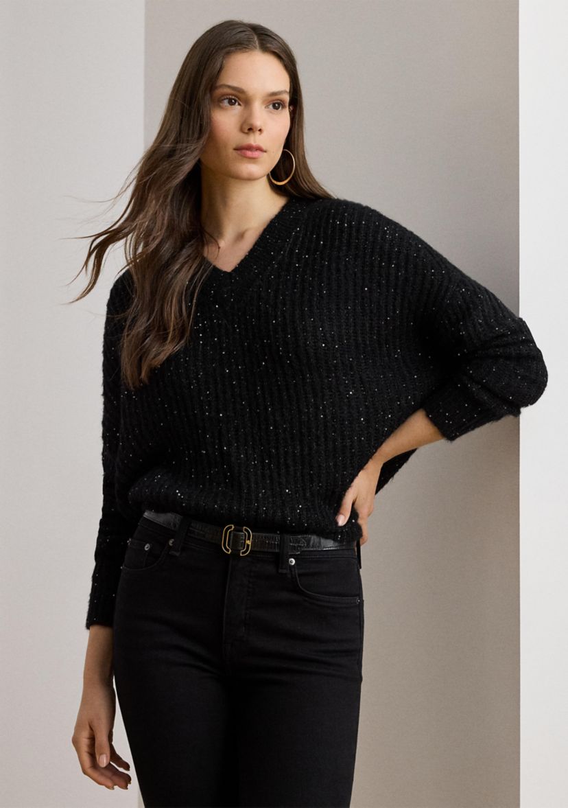 Womens Sequined Rib-Knit V-Neck Sweater